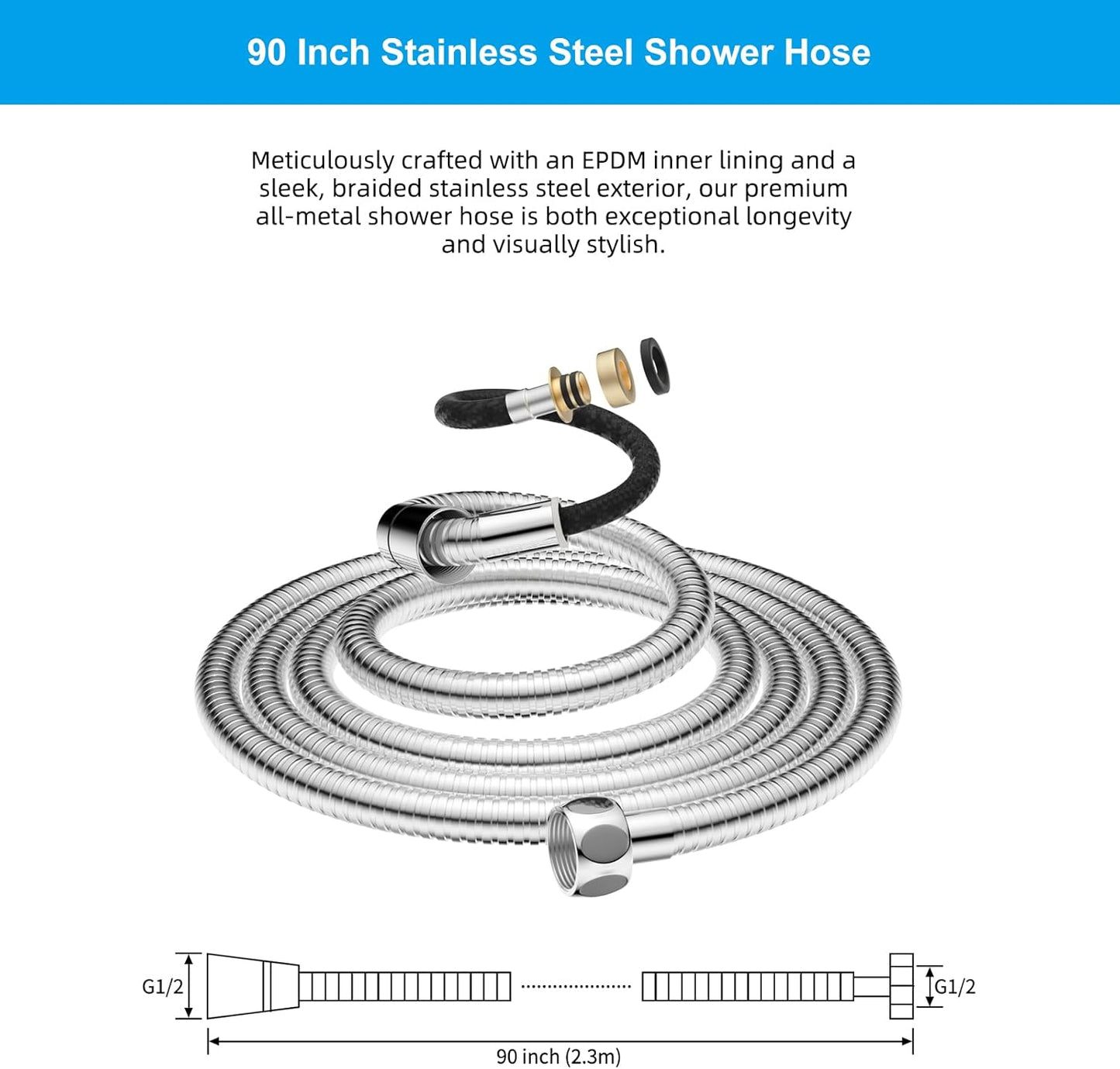 All Metal Shower Hose 90 inch (7.5 ft) Bathroom Handheld Shower Head Hose 2.3 Meters Extension Replacement Part with Brass Fittings Made of Stainless Steel -Polished Chrome Finish