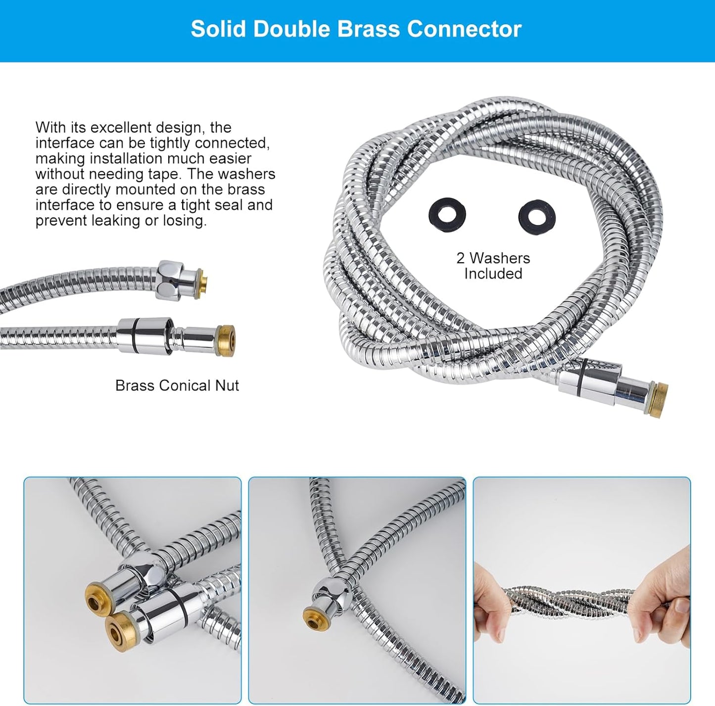 All Metal Shower Hose 90 inch (7.5 ft) Bathroom Handheld Shower Head Hose 2.3 Meters Extension Replacement Part with Brass Fittings Made of Stainless Steel -Polished Chrome Finish