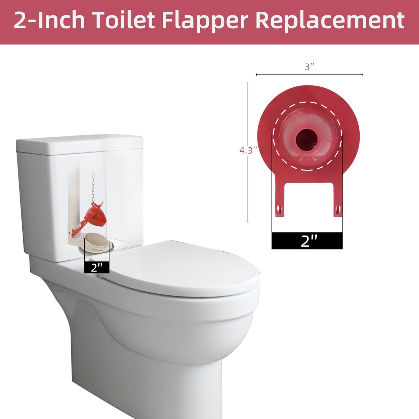 2-inch Universal Toilet Tank Flapper, Long Lasting All Rubber Seal Flapper Replacement Compatible with American Standard Water Conserving, High Performance, Easy to Install, Red