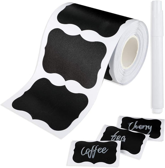 Cerolopy 150Pcs Waterproof Chalkboard Labels, Reusable Blackboard Stickers for Kitchen Organize with 1 White Chalk Pen,Removable Label Sticker on a Roll for Jars, Scrapbooking(Lace Shape)
