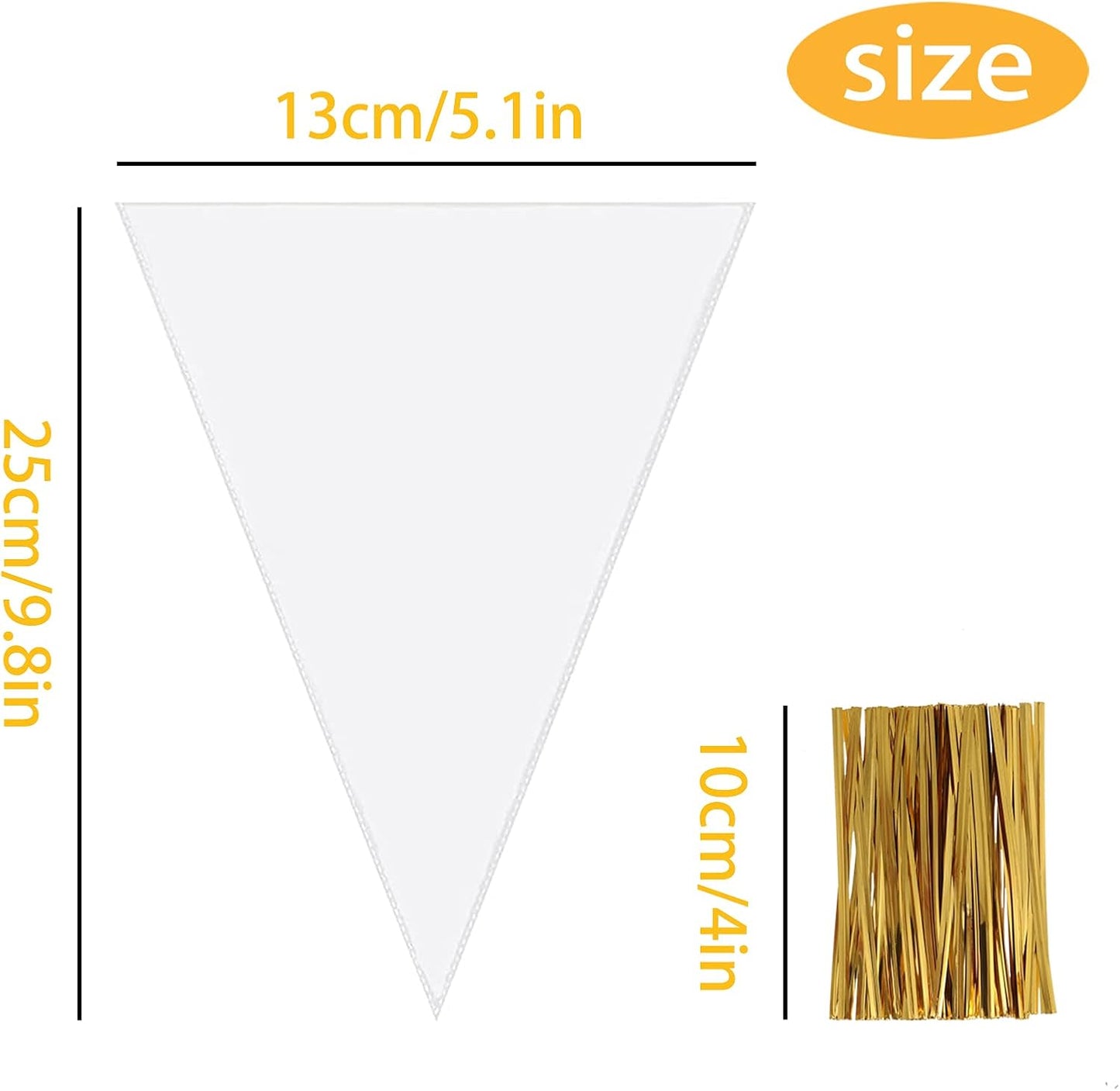 200 Pcs Clear Cone Bags Triangle Goody Bags Plastic Bags with Twist Ties Clear Cello Cellophane Bags Transparent Party Treat Sweets Bags for Baking Candy Wrapping