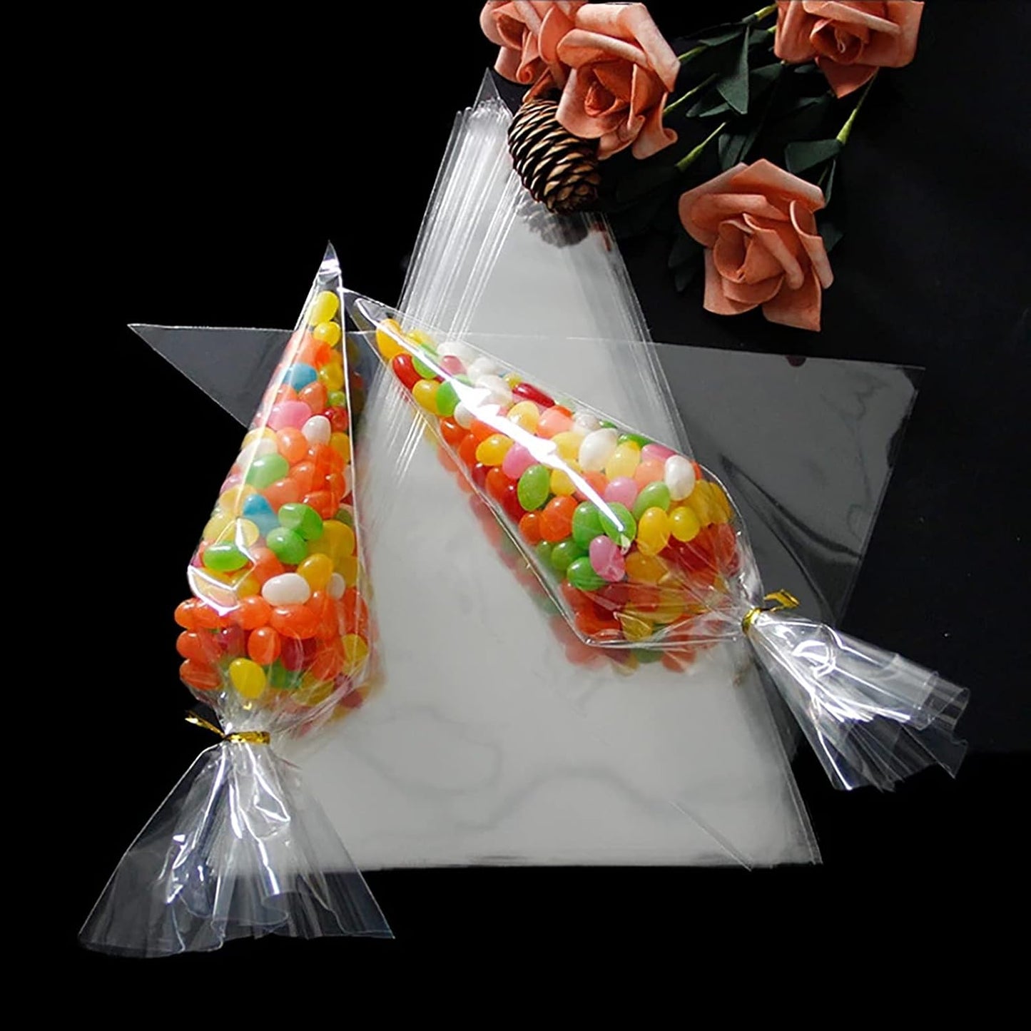 200 Pcs Clear Cone Bags Triangle Goody Bags Plastic Bags with Twist Ties Clear Cello Cellophane Bags Transparent Party Treat Sweets Bags for Baking Candy Wrapping