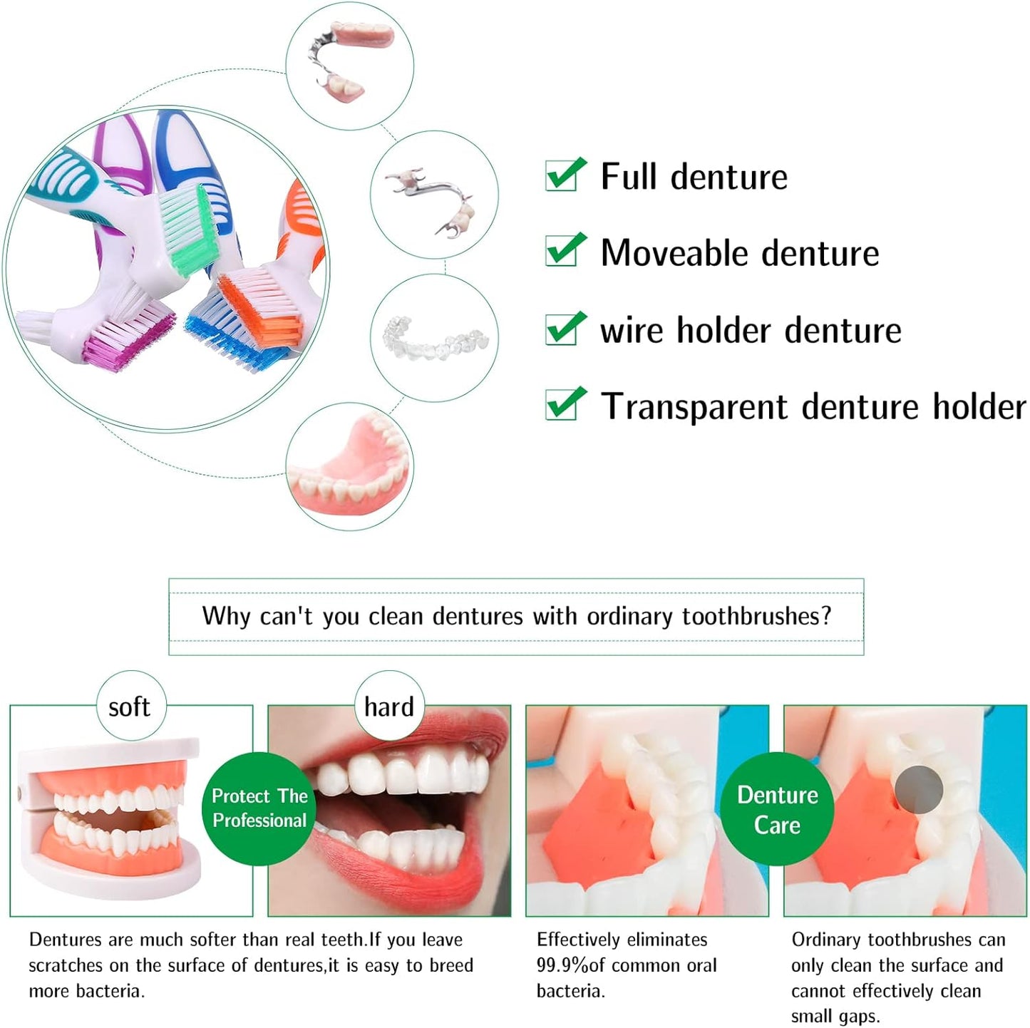 4Pcs Denture Brush Dual Head Toothbrushes, Portable Denture Brush with Soft Bristles and Dual Angled, Hard Denture Cleaning Brush for Denture Care Denture Toothbrush