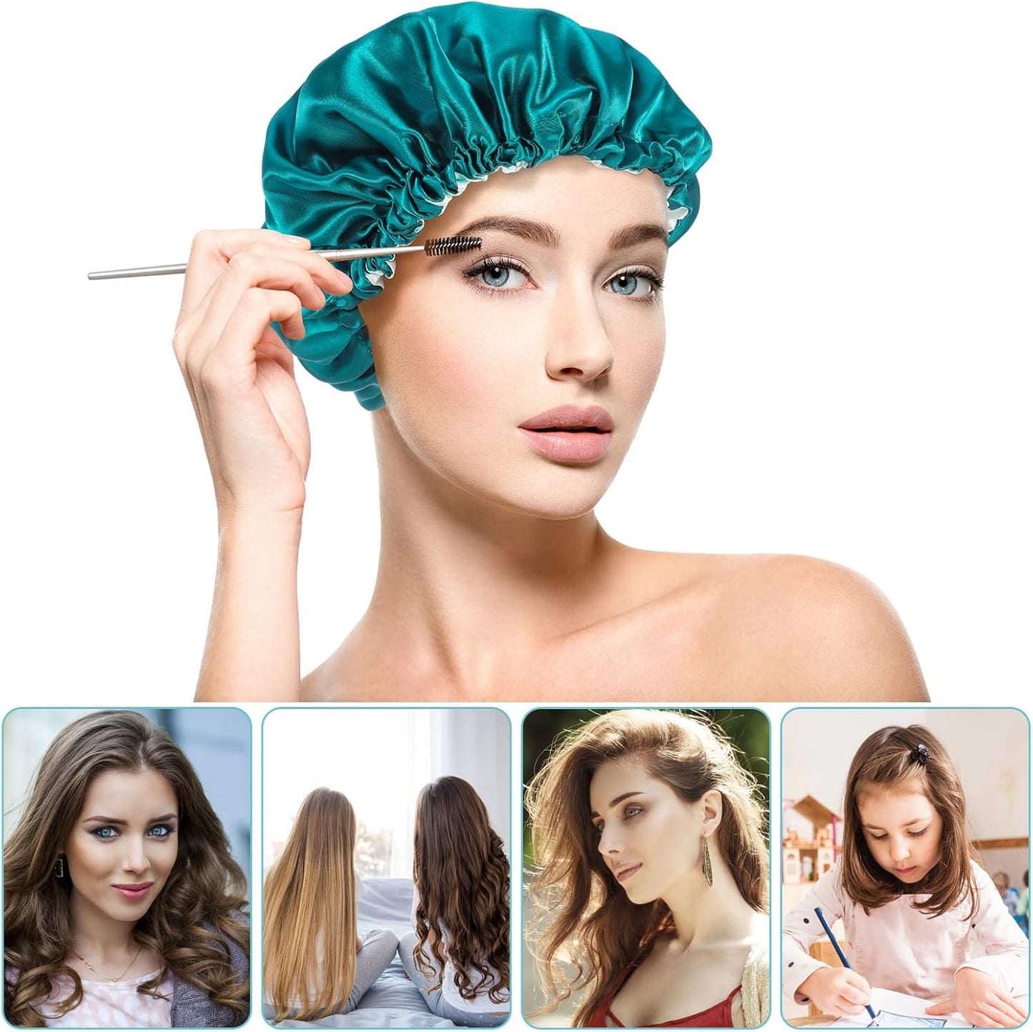 NADONEL 2 Pcs Silk Bonnet Sleep Cap, Adjustable Silk Bonnet Sleep Cap Waterproof Satin Hair Cap Night Cap Double Layer Satin Bonnet for Women Girls Black Curly Hair (Blue+Green)