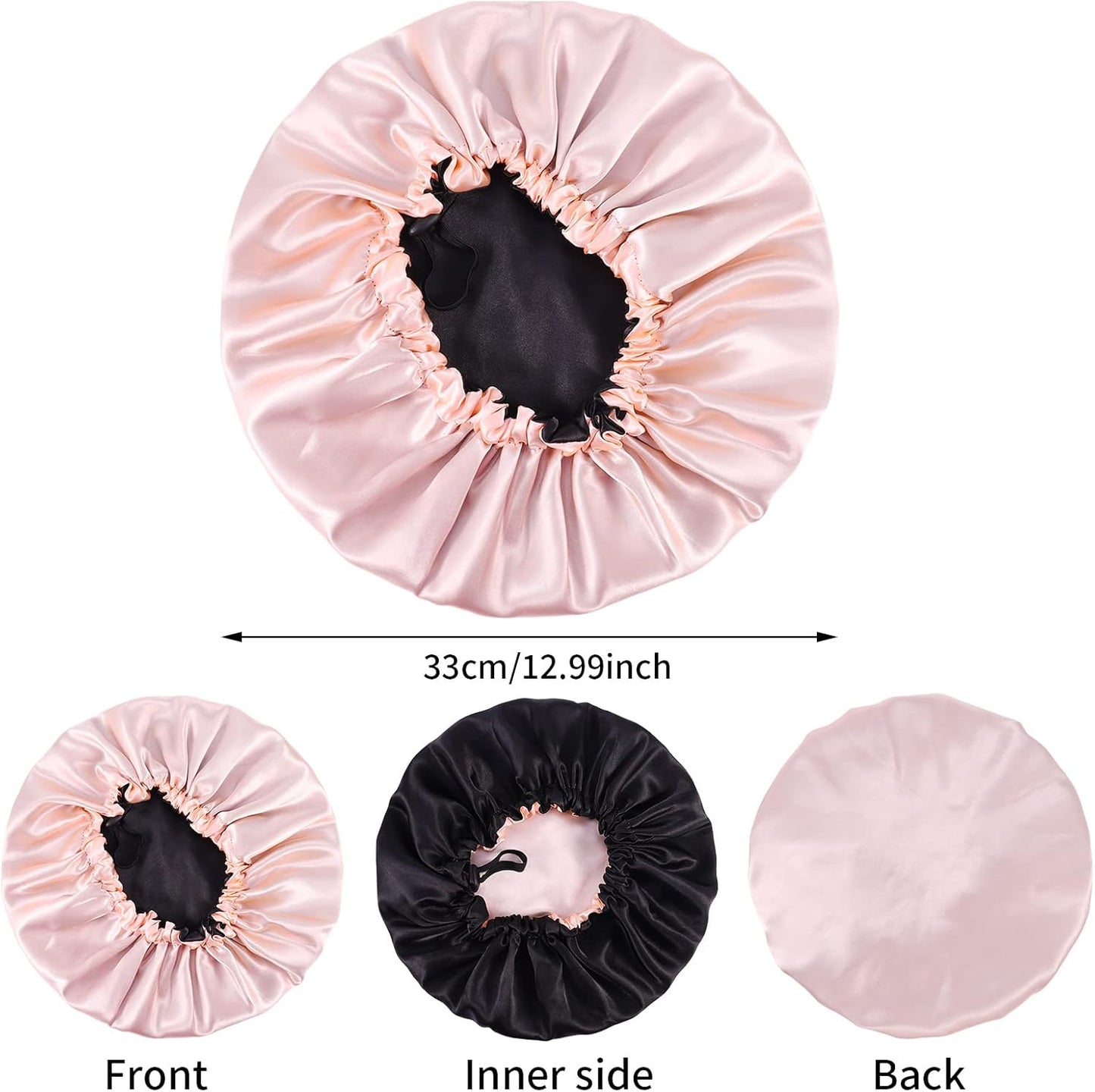 2 Pcs Silk Bonnet Sleep Cap, Adjustable Waterproof Satin Hair Night Cap, Double Layer for Women Girls Black Curly Hair