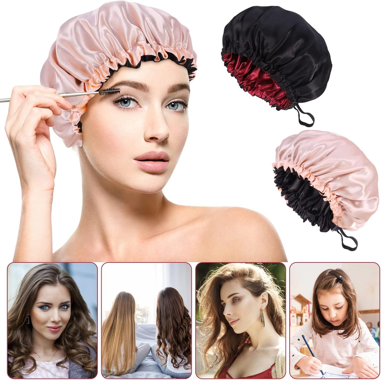 2 Pcs Silk Bonnet Sleep Cap, Adjustable Waterproof Satin Hair Night Cap, Double Layer for Women Girls Black Curly Hair