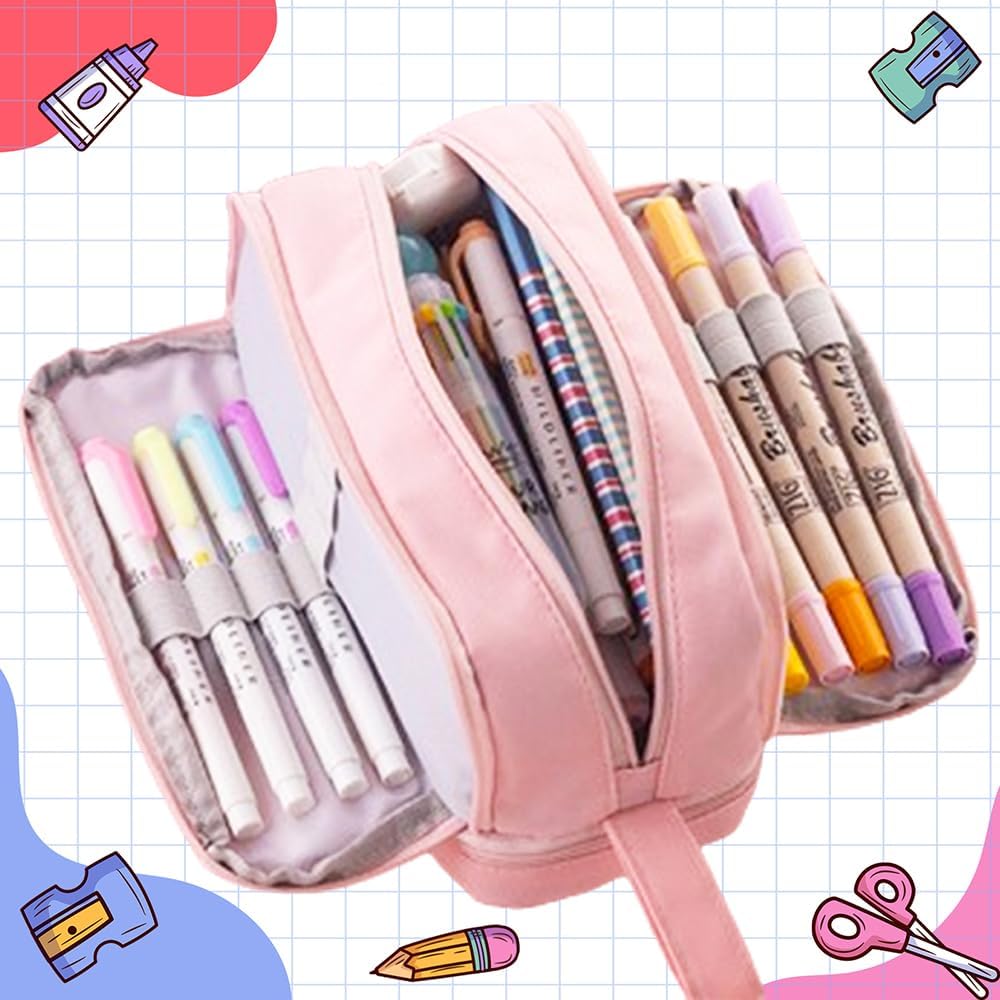 Large Capacity Pencil Case Adult, Office College School Portable Handle Cute Pencil Case with Zipper, Aesthetic Study Pencil Pouch Stationery Organizer for Back to School Teen Men Women (Pink)