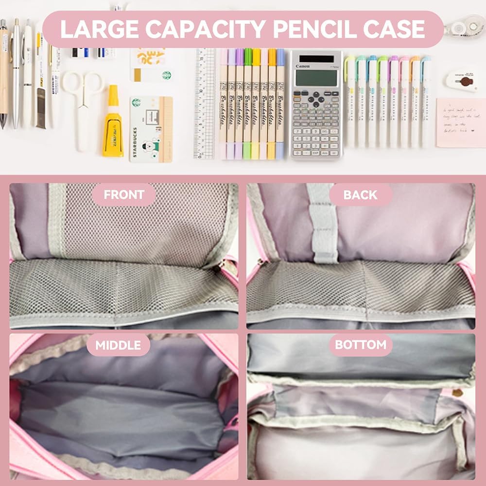 Large Capacity Pencil Case Adult, Office College School Portable Handle Cute Pencil Case with Zipper, Aesthetic Study Pencil Pouch Stationery Organizer for Back to School Teen Men Women (Pink)