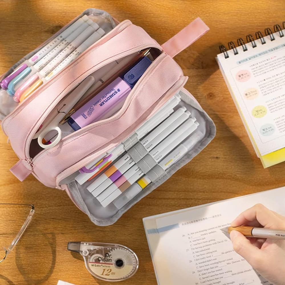 Large Capacity Pencil Case Adult, Office College School Portable Handle Cute Pencil Case with Zipper, Aesthetic Study Pencil Pouch Stationery Organizer for Back to School Teen Men Women (Pink)