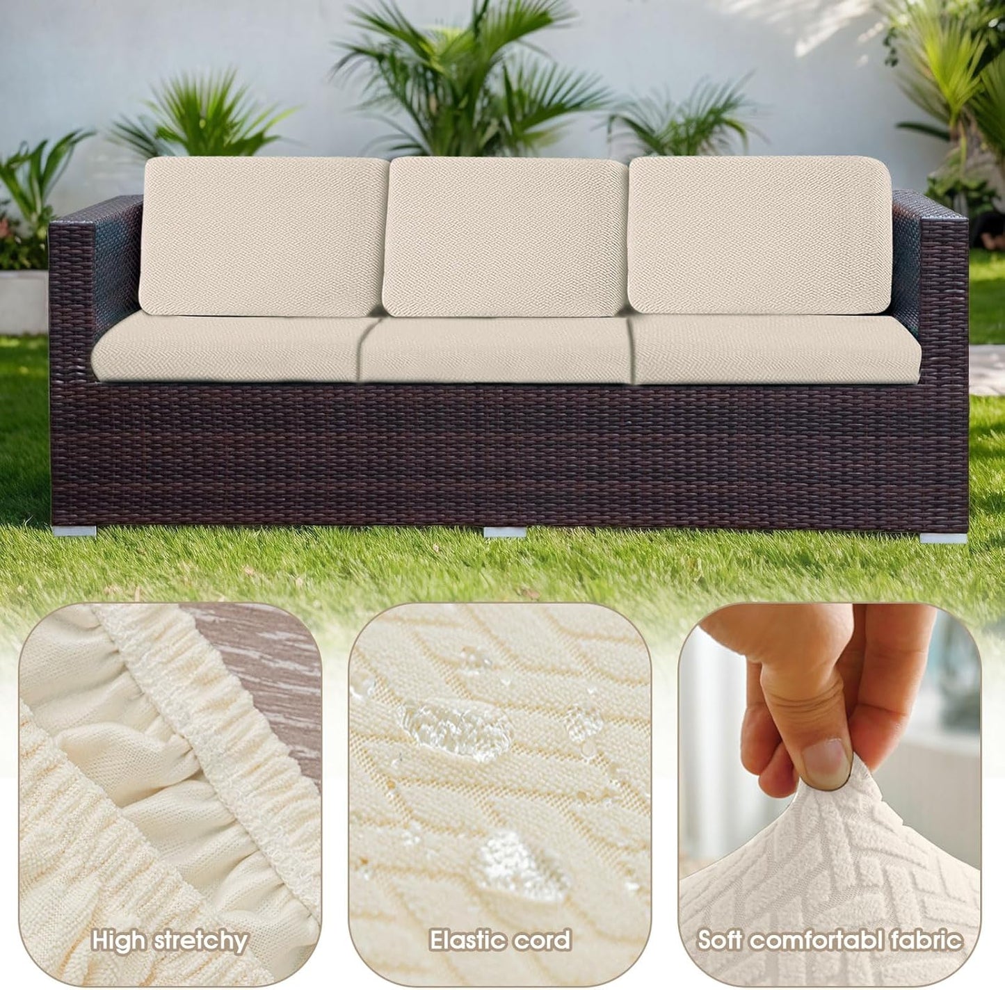 Outdoor Waterproof Couch Cushion Covers, Stretch Individual Patio Chair Cushion Outdoor Seat Cushion Pad Replacement Sofa Cushion Protector Sofa Slipcover (Cream, 2Pcs)