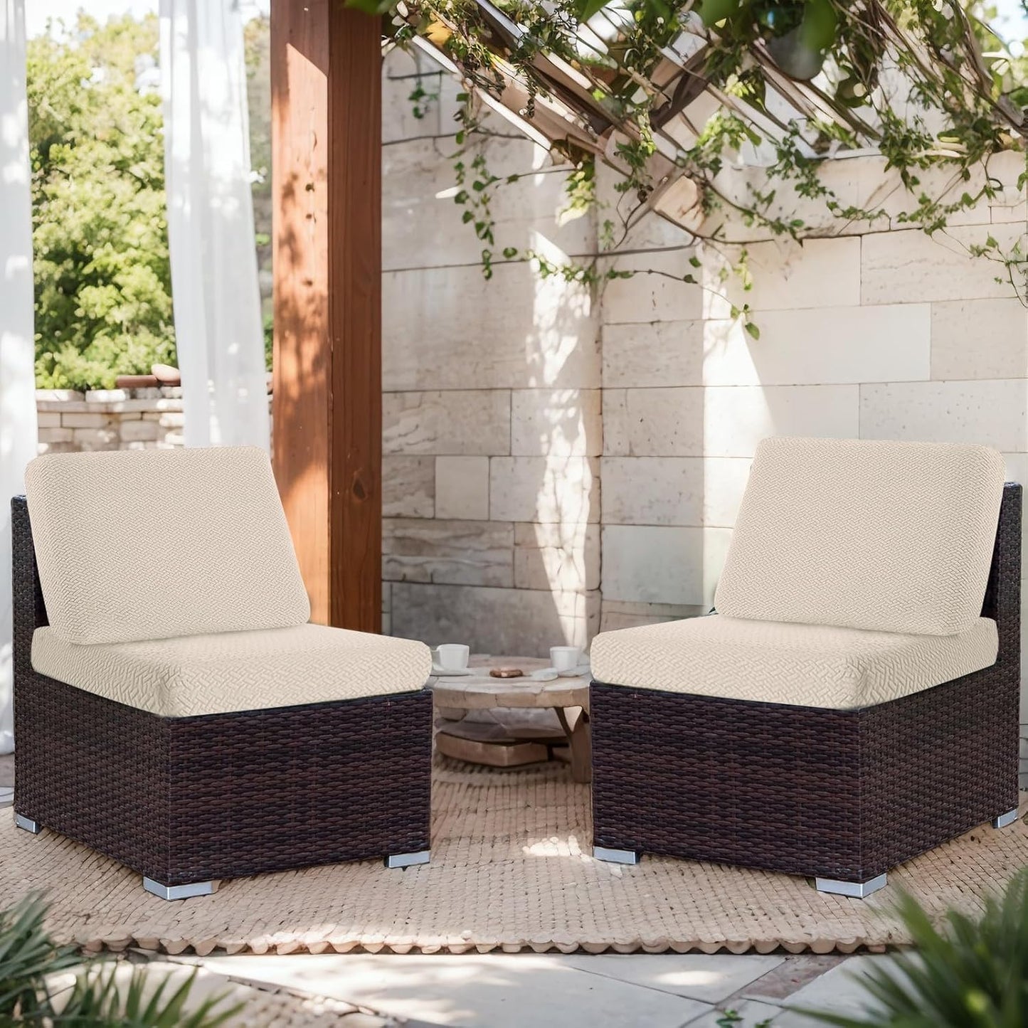 Outdoor Waterproof Couch Cushion Covers, Stretch Individual Patio Chair Cushion Outdoor Seat Cushion Pad Replacement Sofa Cushion Protector Sofa Slipcover (Cream, 2Pcs)