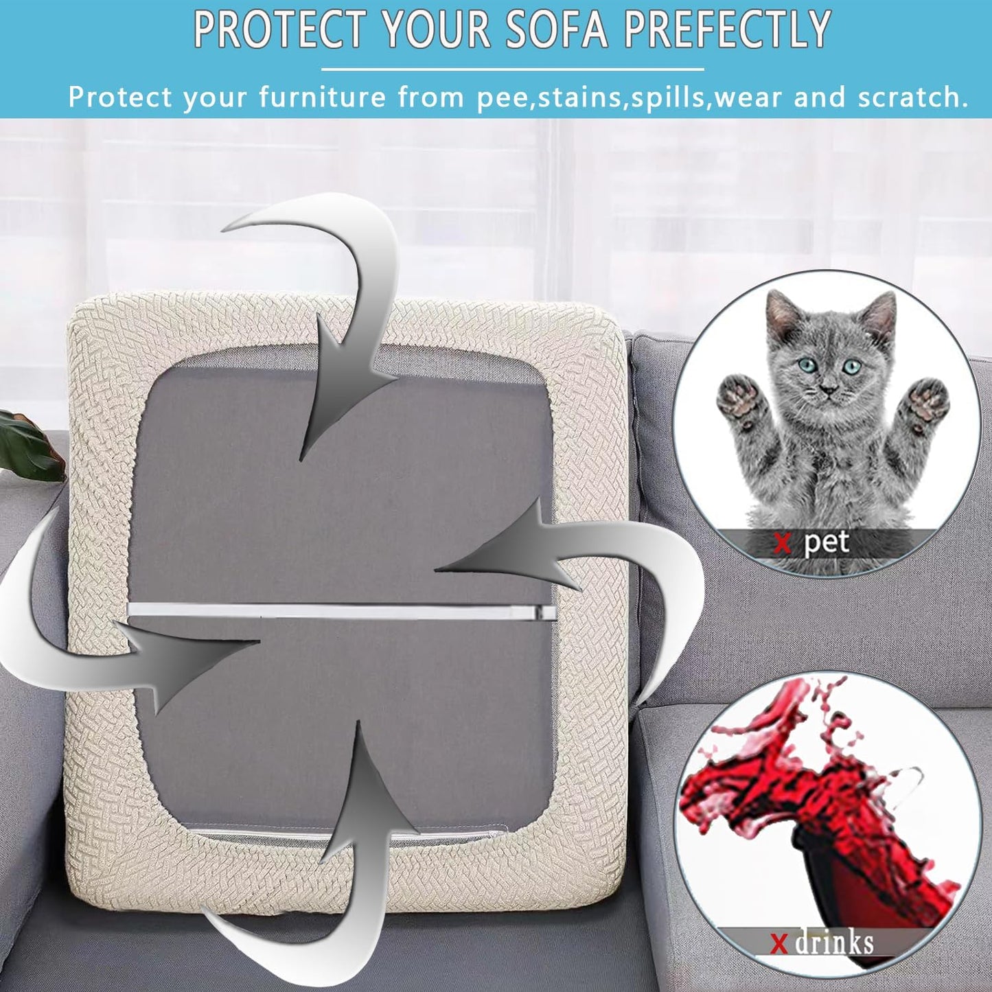 Outdoor Waterproof Couch Cushion Covers, Stretch Individual Patio Chair Cushion Outdoor Seat Cushion Pad Replacement Sofa Cushion Protector Sofa Slipcover (Cream, 2Pcs)