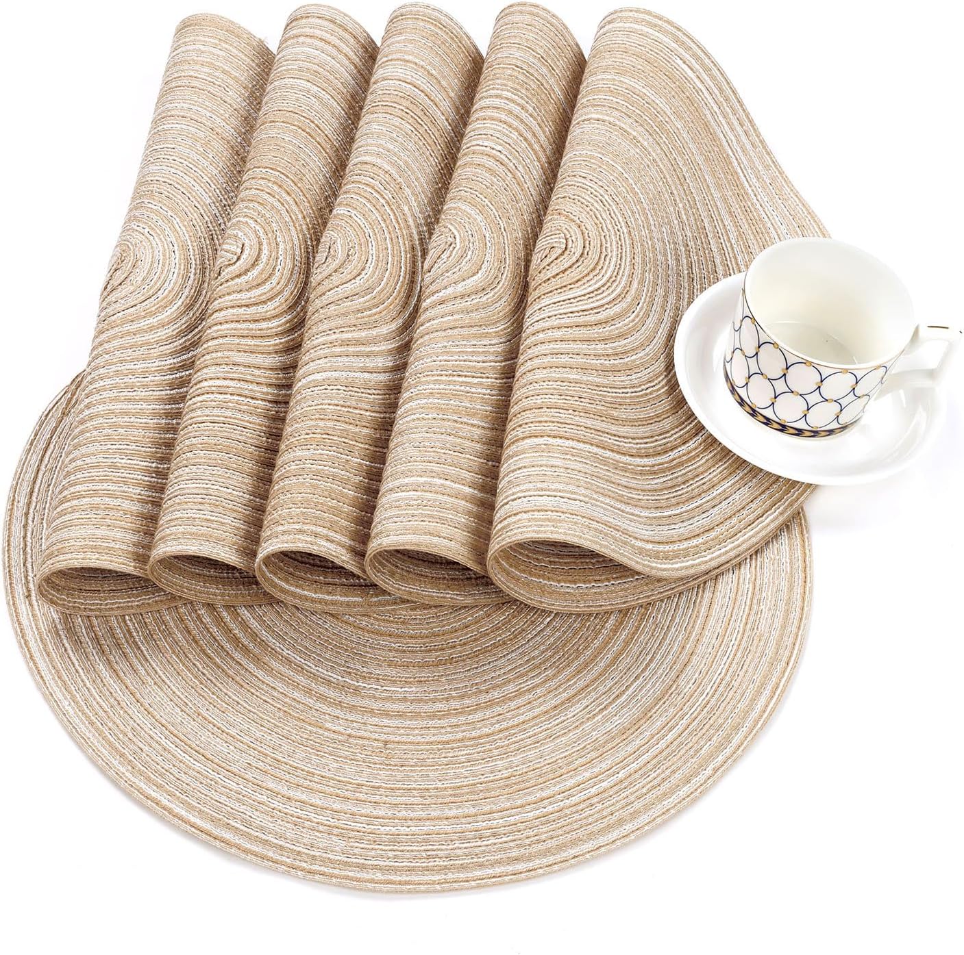 Round Braided Placemats Set of 6 Washable Round Placemats for Kitchen Table 15 inch Round Table Mats (Beige, 6)
