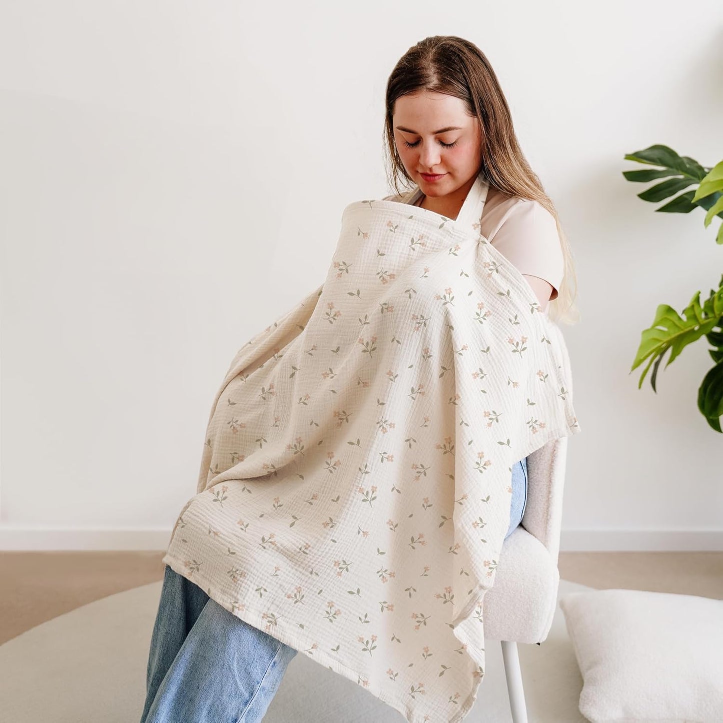 Muslin Nursing Covers for Breastfeeding, Privacy Breast Feeding Cover with Arch Neckline, 100% Cotton Nursing Apron