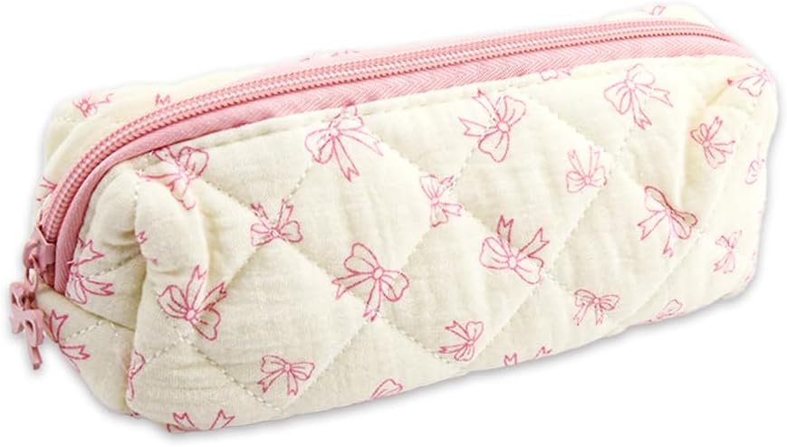 1 PCS Bow Pencil Case - Pink Bow Cute Pencil Pouch, Soft Cotton Storage Bag with Aesthetic Pattern, Ideal as Makeup Pouch & Cosmetic Bag for Women, Cute Stationery Organizer for School & Daily Use