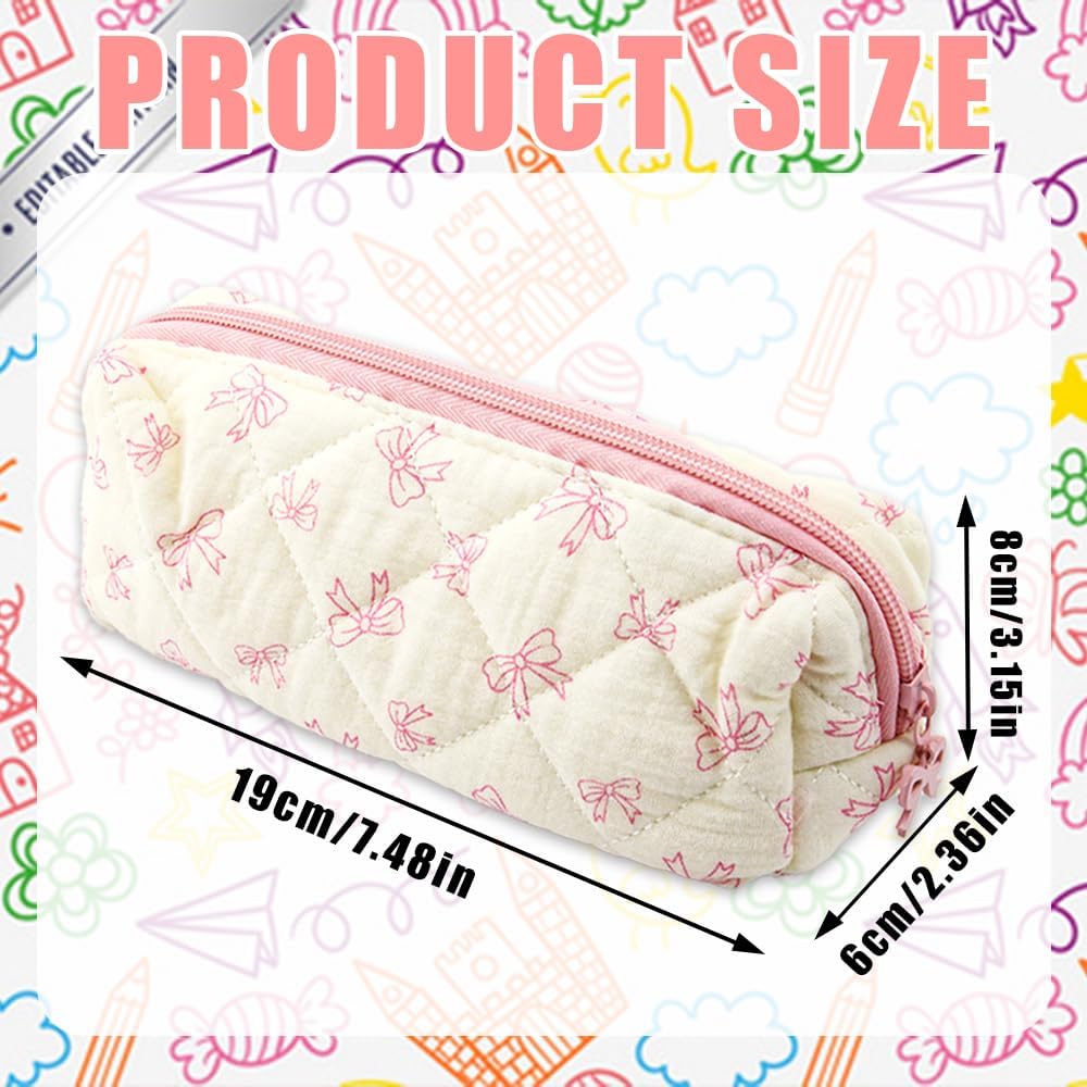 1 PCS Bow Pencil Case - Pink Bow Cute Pencil Pouch, Soft Cotton Storage Bag with Aesthetic Pattern, Ideal as Makeup Pouch & Cosmetic Bag for Women, Cute Stationery Organizer for School & Daily Use
