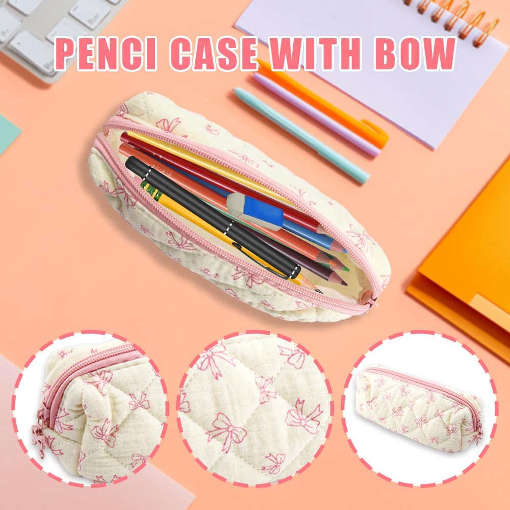 1 PCS Bow Pencil Case - Pink Bow Cute Pencil Pouch, Soft Cotton Storage Bag with Aesthetic Pattern, Ideal as Makeup Pouch & Cosmetic Bag for Women, Cute Stationery Organizer for School & Daily Use