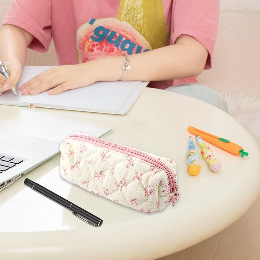 1 PCS Bow Pencil Case - Pink Bow Cute Pencil Pouch, Soft Cotton Storage Bag with Aesthetic Pattern, Ideal as Makeup Pouch & Cosmetic Bag for Women, Cute Stationery Organizer for School & Daily Use