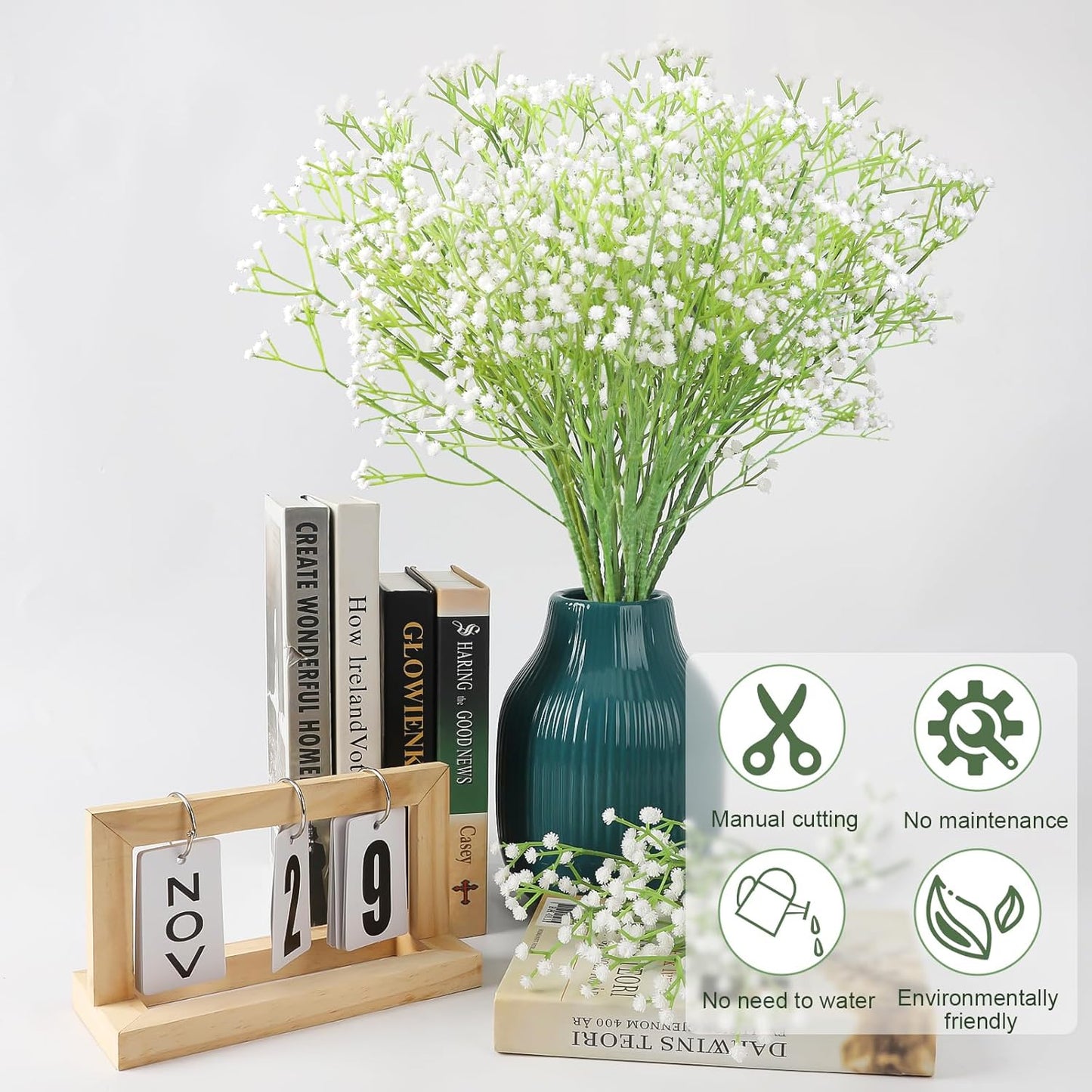10Pcs Artificial Baby Breath Flowers White with Long Stem, Real Touch Silk Gypsophila Bouquets Bulk for Wedding, DIY Floral Arrangements, Home & Office Decor, Party Centerpieces, White