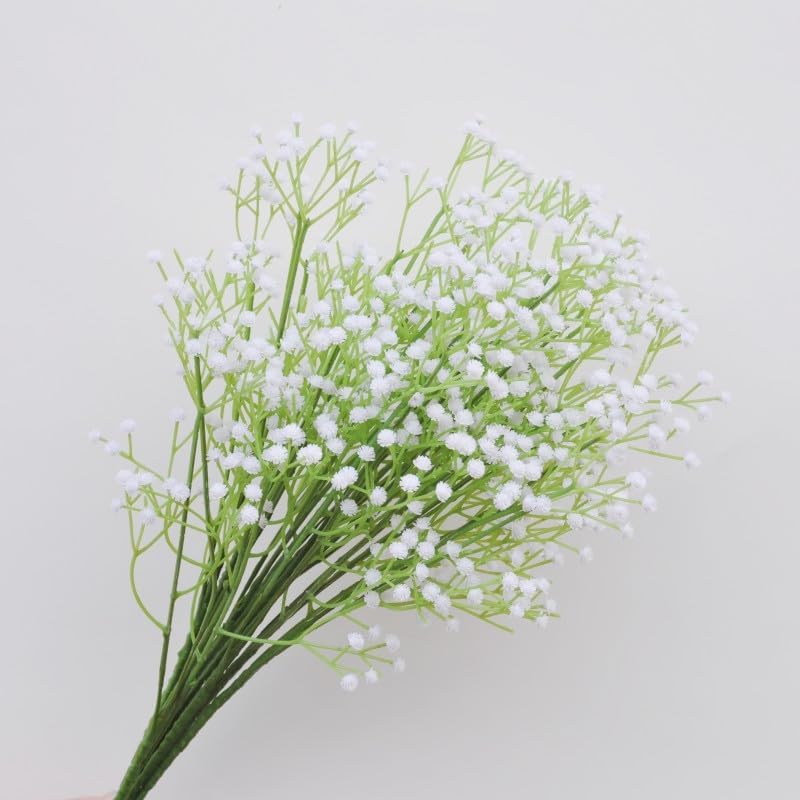 10Pcs Artificial Baby Breath Flowers White with Long Stem, Real Touch Silk Gypsophila Bouquets Bulk for Wedding, DIY Floral Arrangements, Home & Office Decor, Party Centerpieces, White