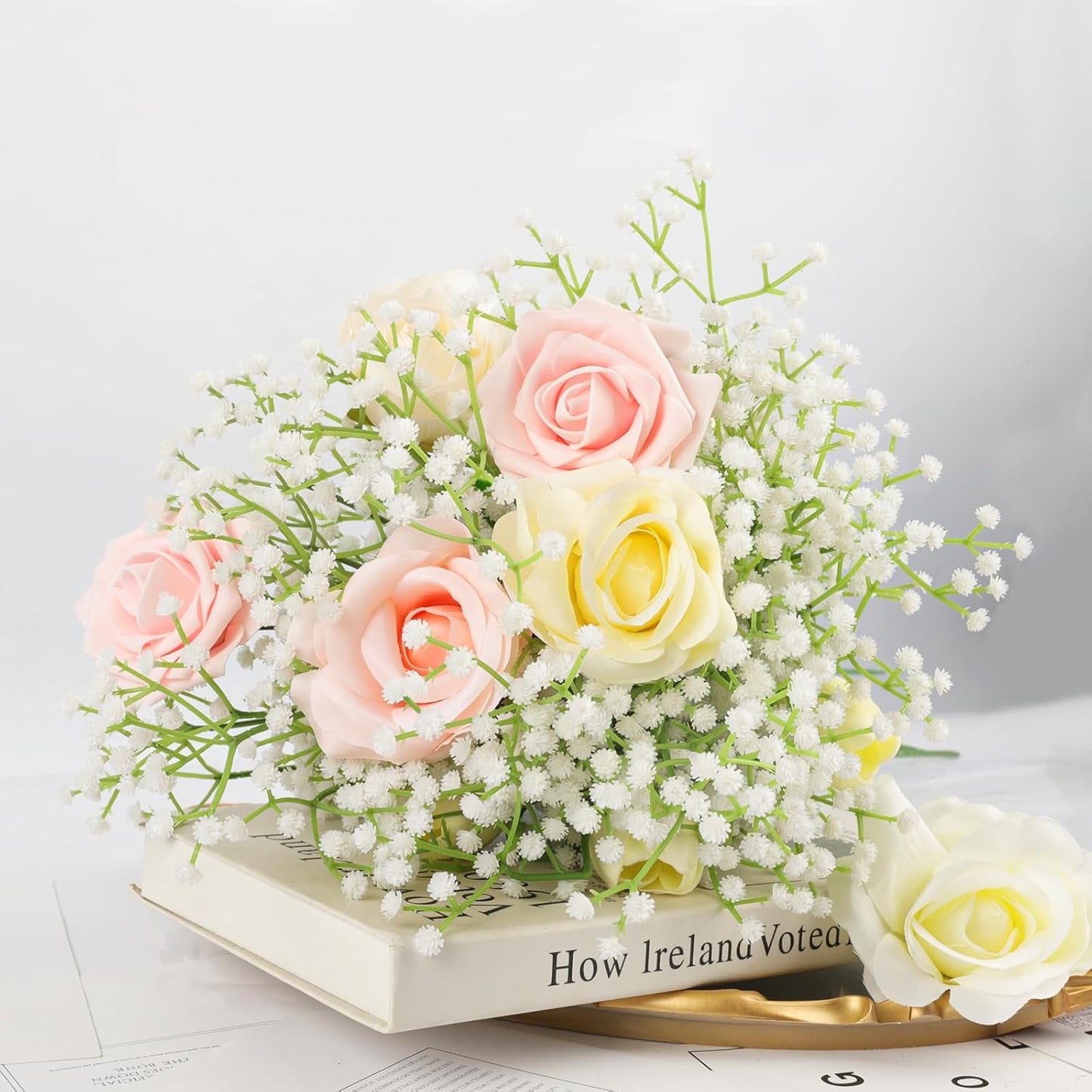 10Pcs Artificial Baby Breath Flowers White with Long Stem, Real Touch Silk Gypsophila Bouquets Bulk for Wedding, DIY Floral Arrangements, Home & Office Decor, Party Centerpieces, White
