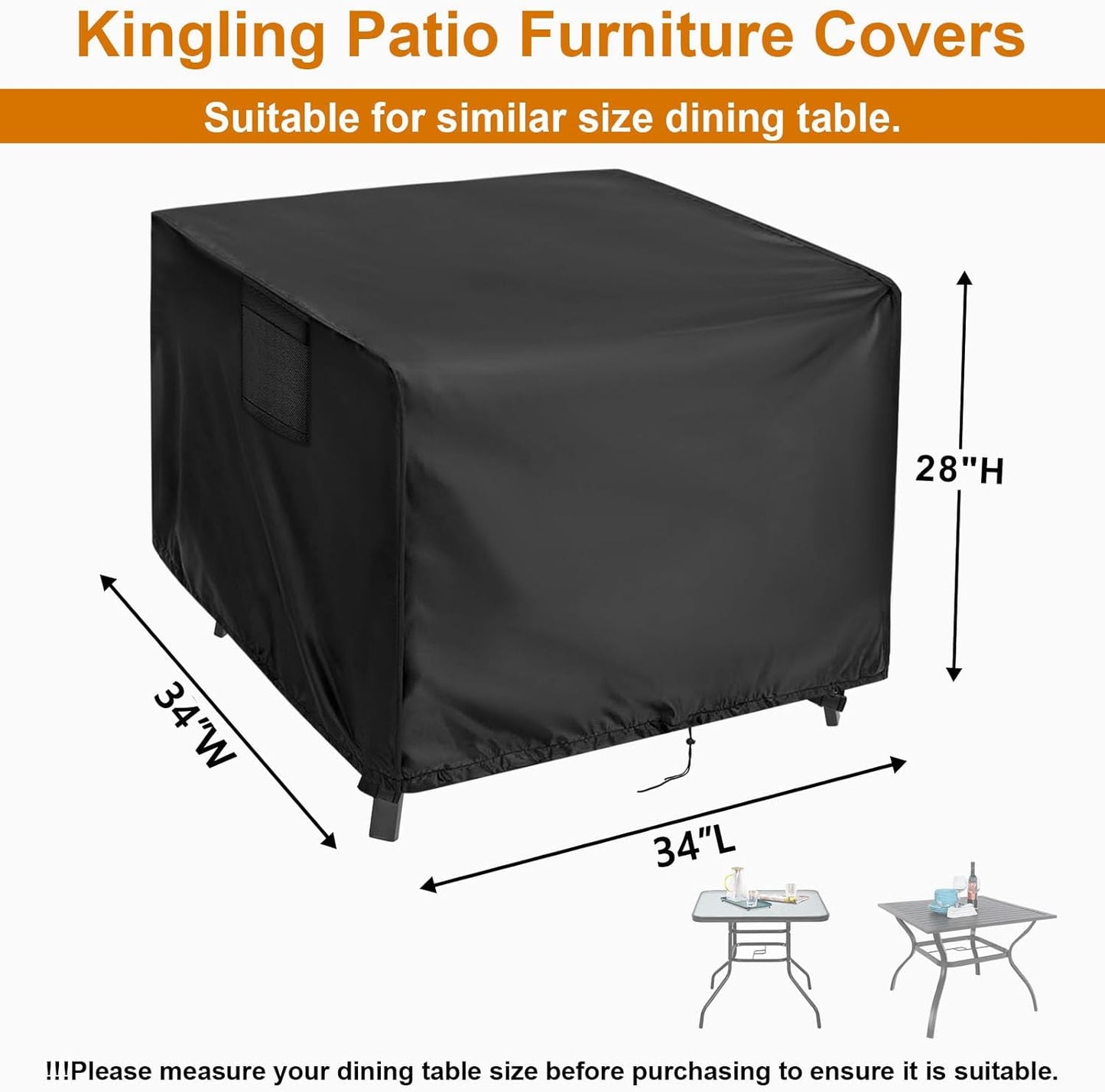 Outdoor Table Cover Square, 34 inch Square Patio Table Cover, Waterproof Small Table Cover Outdoor Patio Furniture Cover - 34'' x 34'' x 28''
