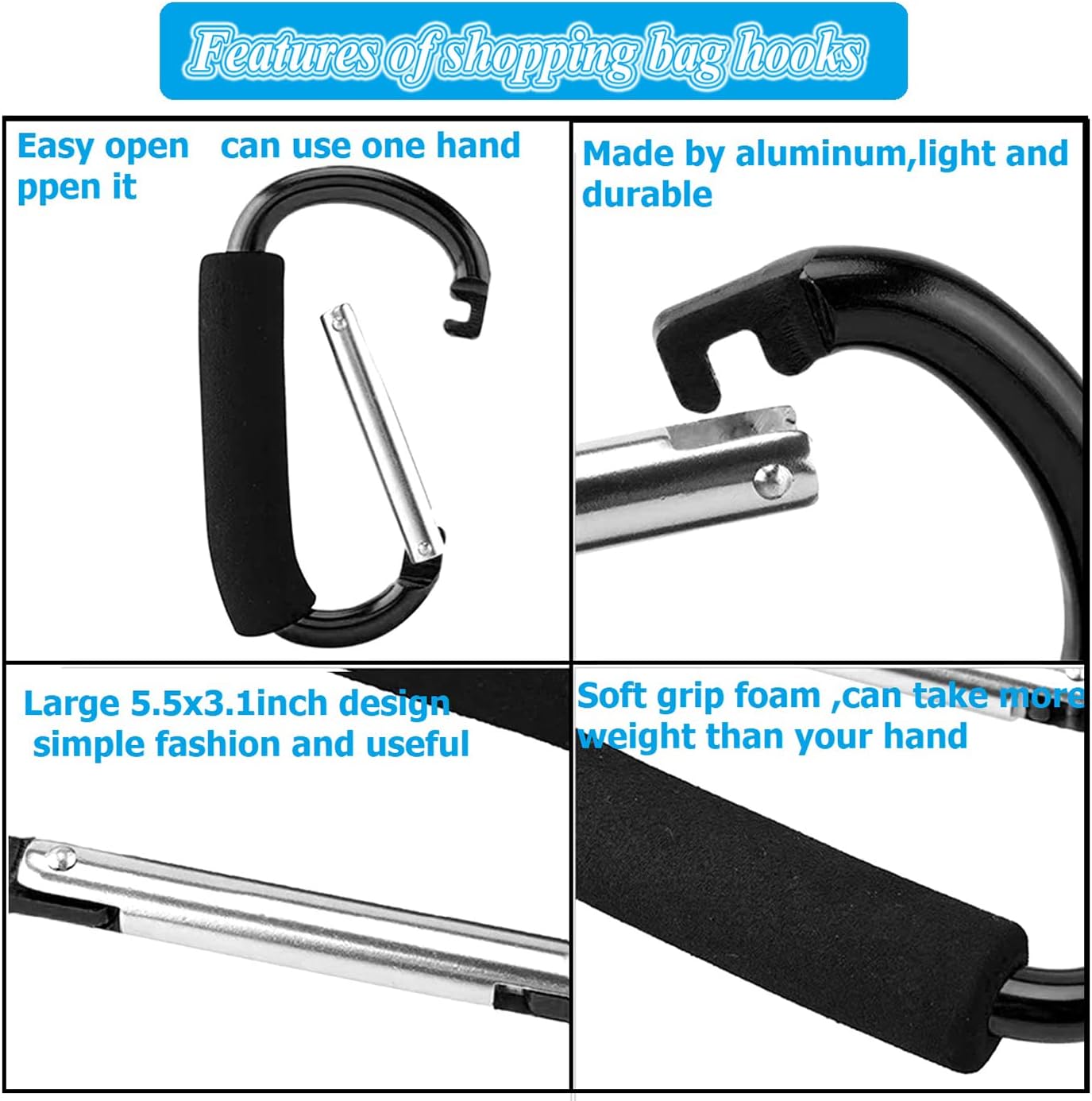 Stroller Hooks by Baby,Large Stroller Hooks for Mommy, 2 pcs Carabiner Stroller Hook Organizer for Hanging Purses, Diaper Bag, Shopping Bags (Sky Blue)
