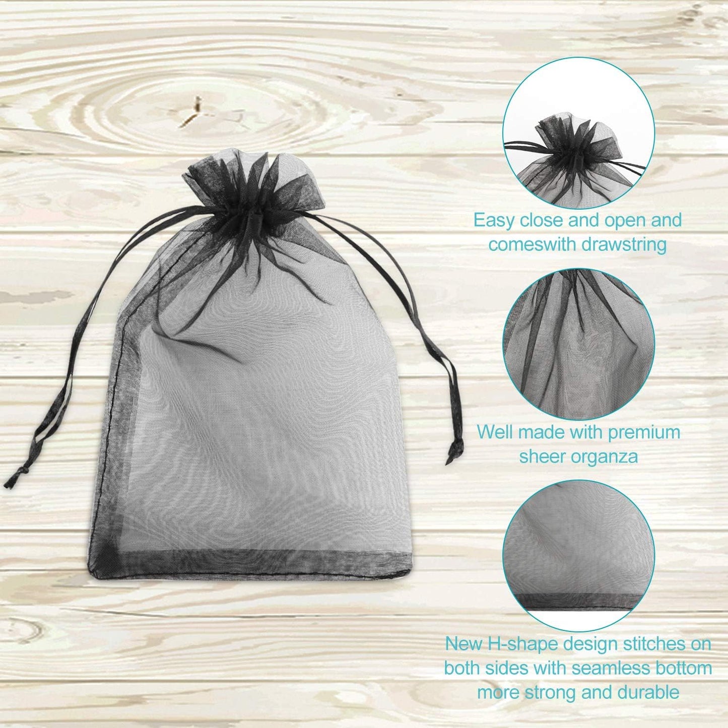 100PCS 4x6" (10x15cm) Sheer Drawstring Gift Bags, Black Organza Wedding Party Favour Pouches Jewellery Christmas Festival Gift Bags