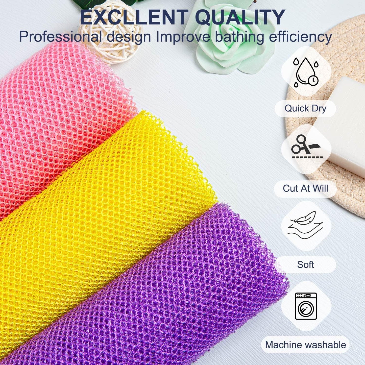 3 Pieces African Bath Sponge Exfoliating Scrubbing Long Net Rag Wash Shower Body Scrubber, Yellow Pink Purple
