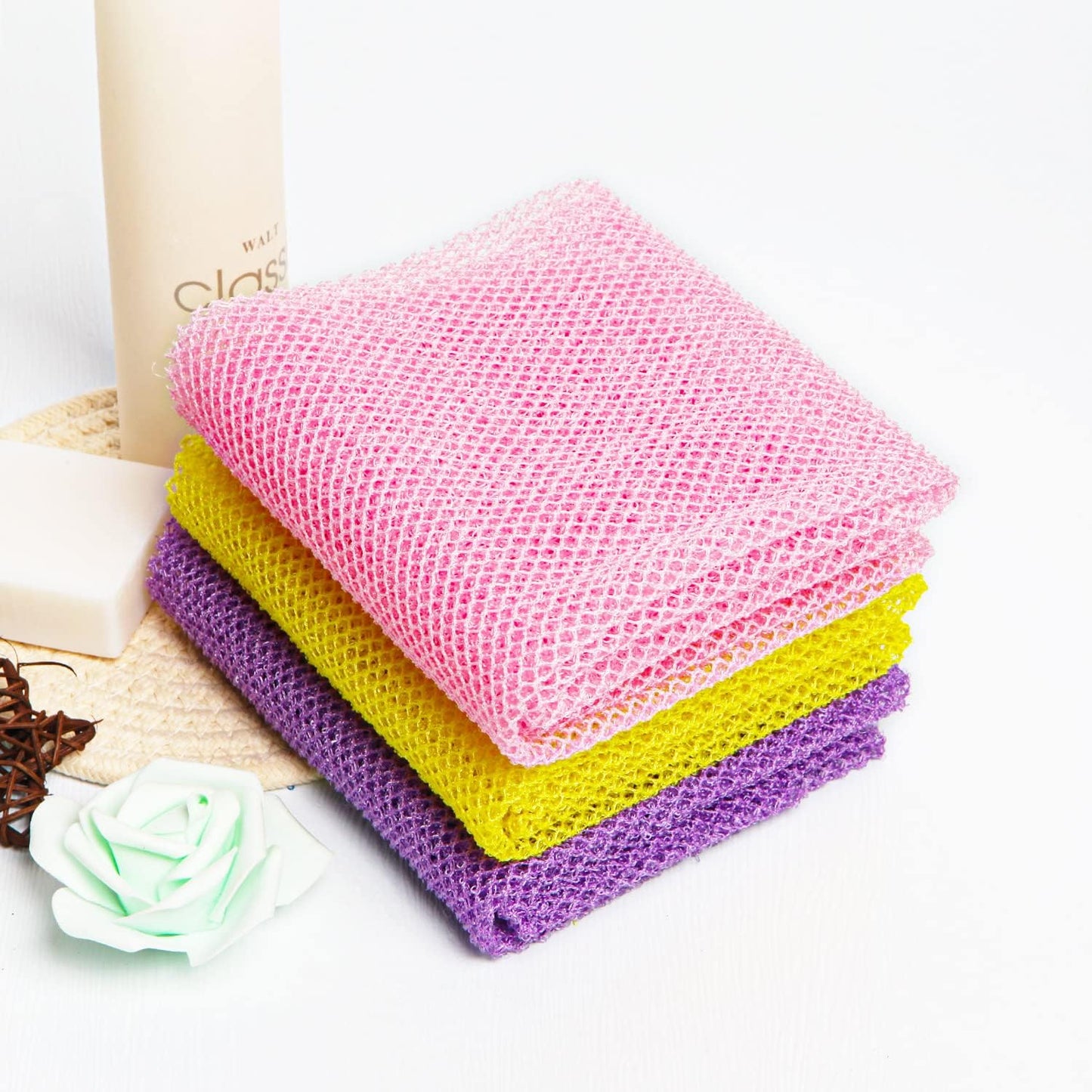 3 Pieces African Bath Sponge Exfoliating Scrubbing Long Net Rag Wash Shower Body Scrubber, Yellow Pink Purple
