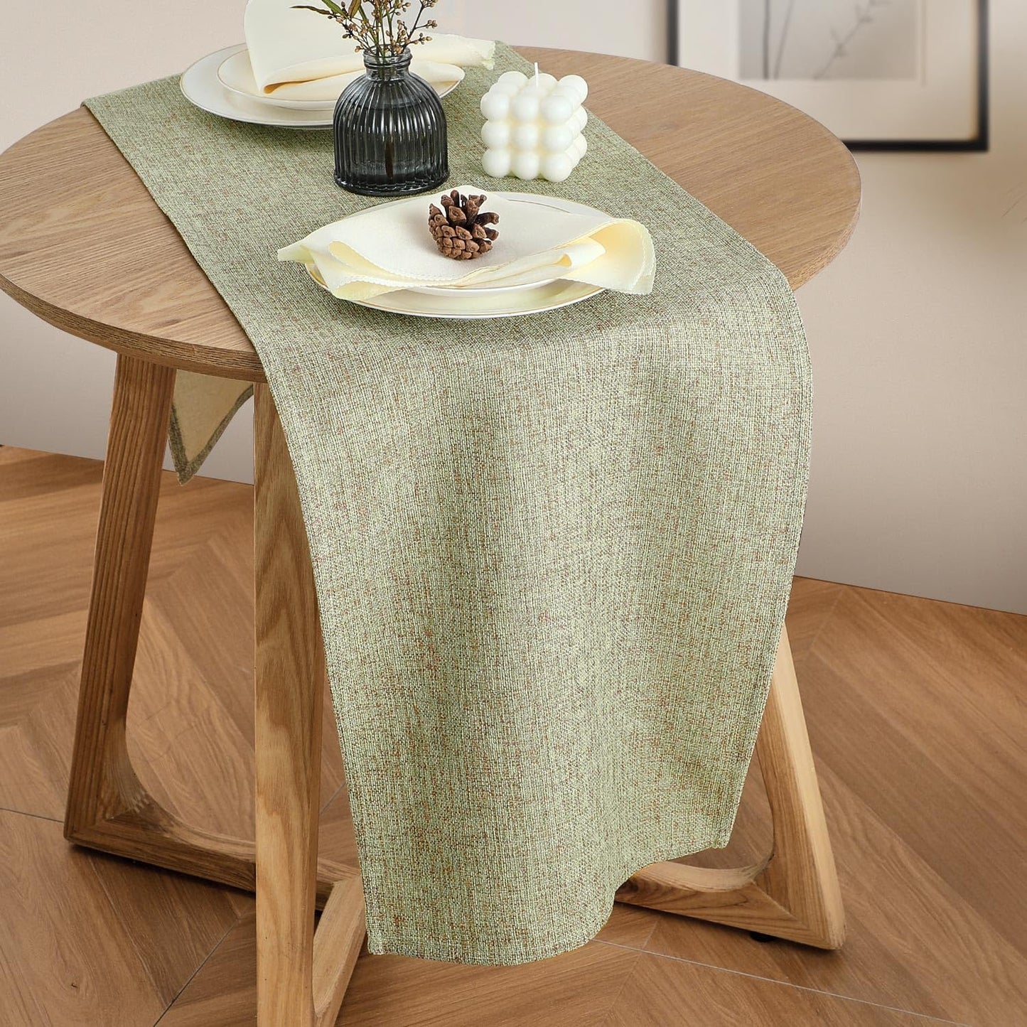 Rustic Table Runner Boho Style, Handmade Sage Green Table Runner 36 Inches Long for Home Dining,Coffee Table,Kitchen,13x36