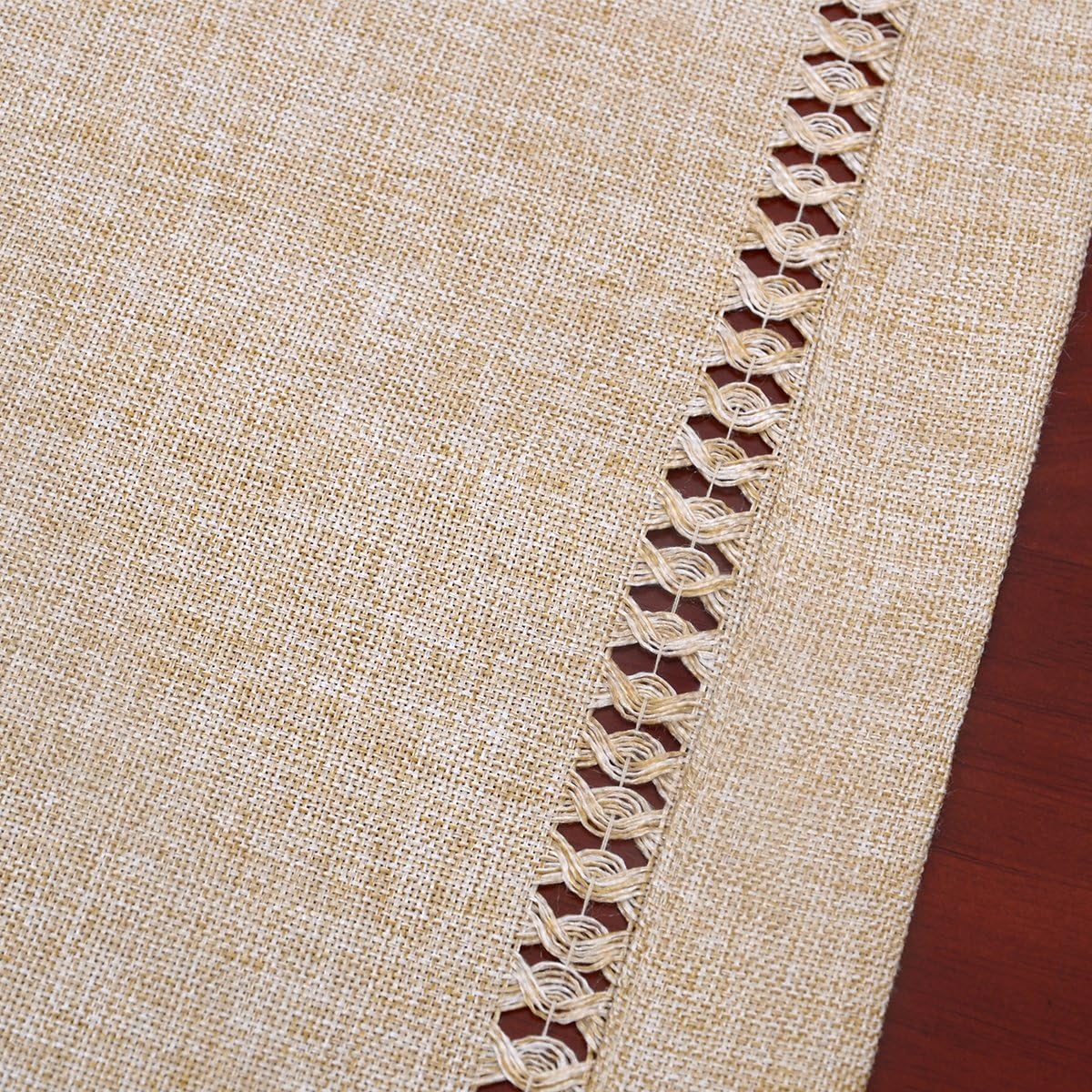 Handmade Hemstitch Beige Table Runner Or Dresser Scarf, Rectangular 14 By 108 Inch