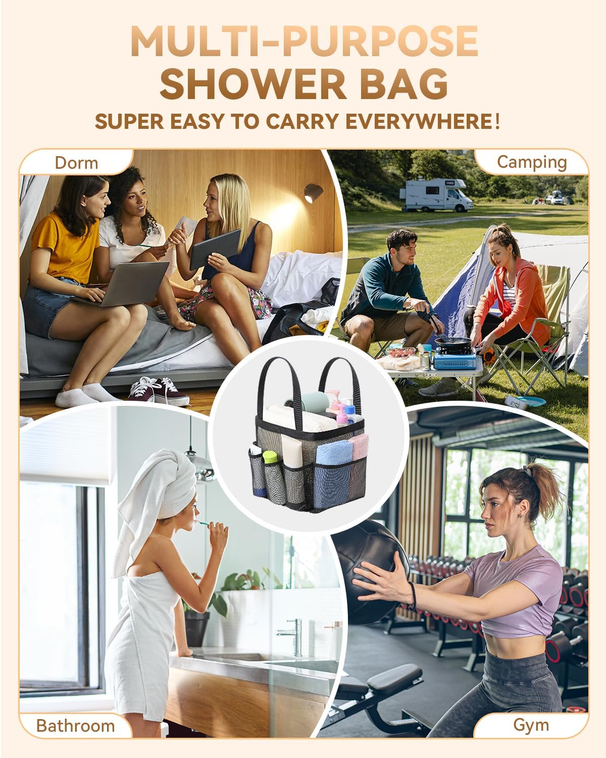 Mesh Shower Caddy Tote, Large Shower Caddy Basket Portable, Quick Dry Hanging Toiletry Bag, 8 Storage Pocket Handle Bath Organizer for College Dorm, Gym, Camp, Travel