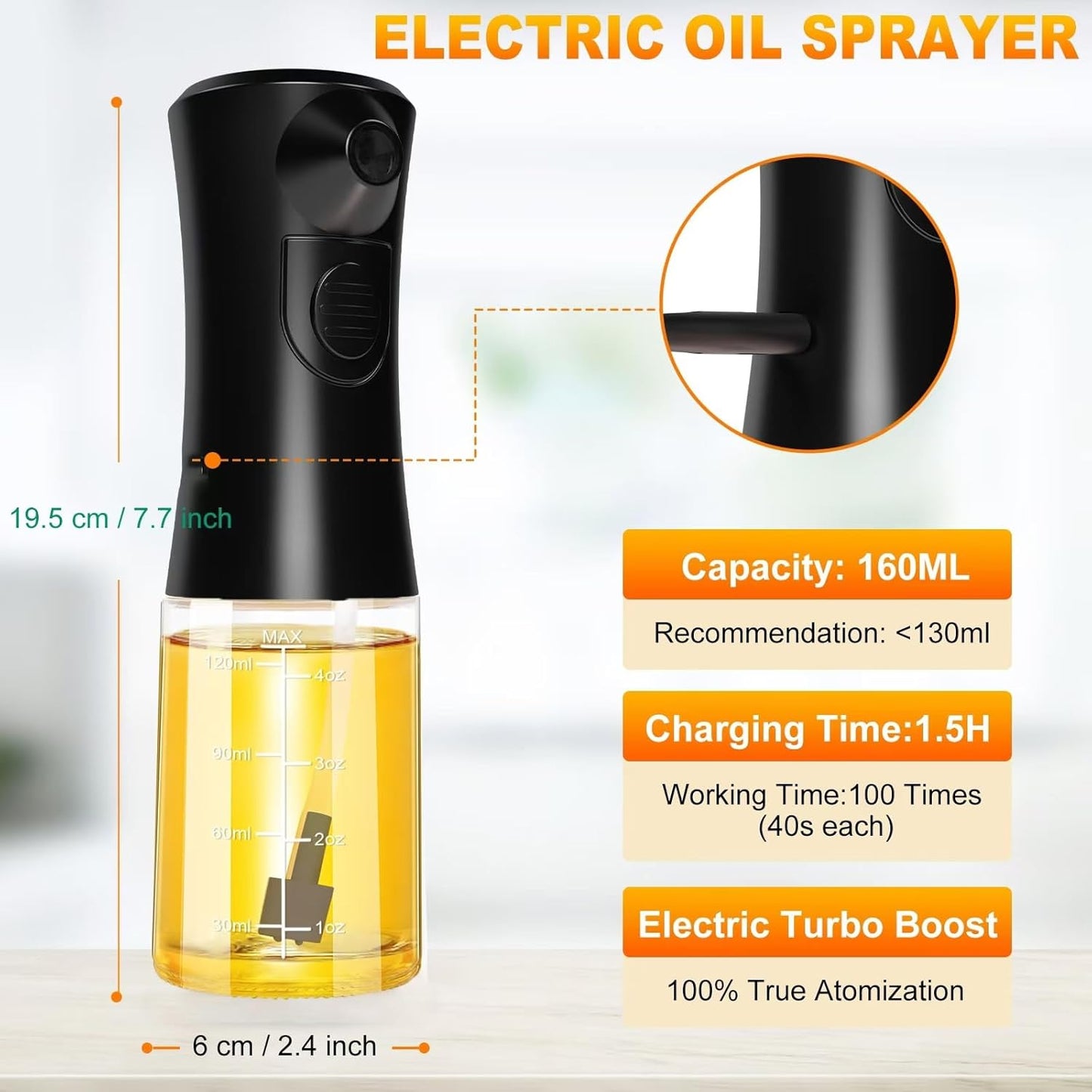 Electric Oil Sprayer for Cooking, Glass Oil Sprayer Mister, Olive Oil Spray Bottle, The Real Oil Mister for Salads, Baking, Grilling, and Ideal for Air Fryers, Black