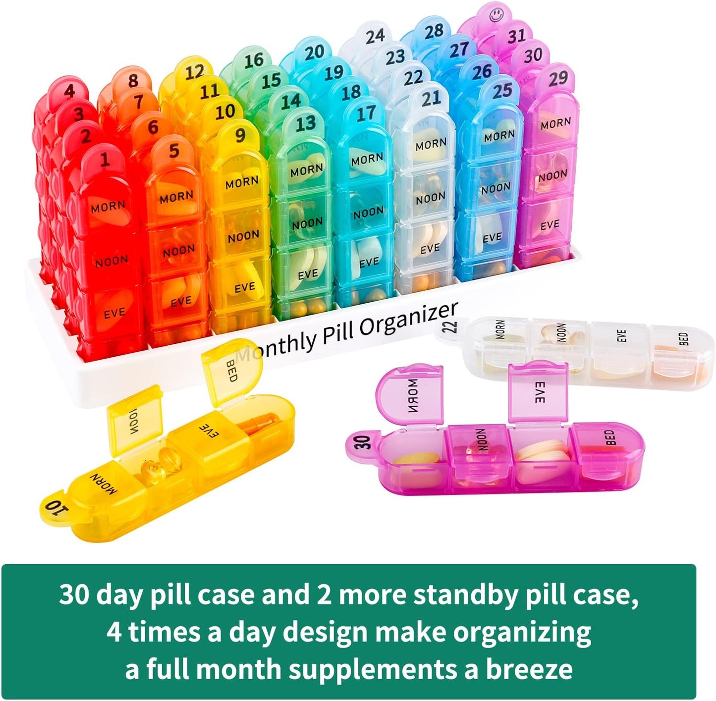 Monthly Pill Organizer 4 Times a Day, 30 Day Pill Organizer with Daily Pill Box Organizer, One Month Medicine Pill Case, 31 Day Pill Container Pill Holder to Hold Supplement and Medication