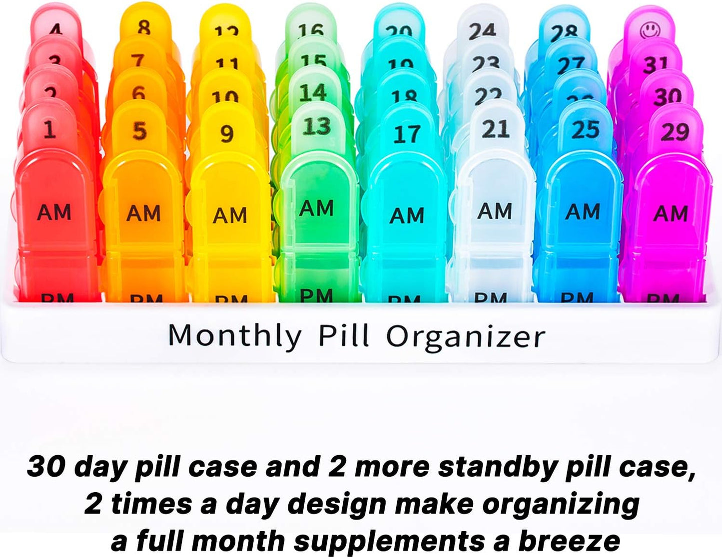 Monthly Pill Organizer 2 Times a Day - 30 Day Pill Box AM PM, BPA Free One Month Medicine Organizer Twice Daily, 31-Day Case to Hold Vitamins, Supplements & Medication