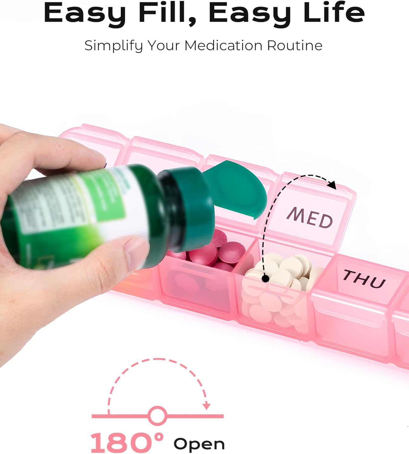Weekly Pill Organizer, Large 7 Day Pill Box, Travel Pill Case, Daily Pill Dispenser for Vitamins, Medicines, Supplements, and Fish Oil(Pink)