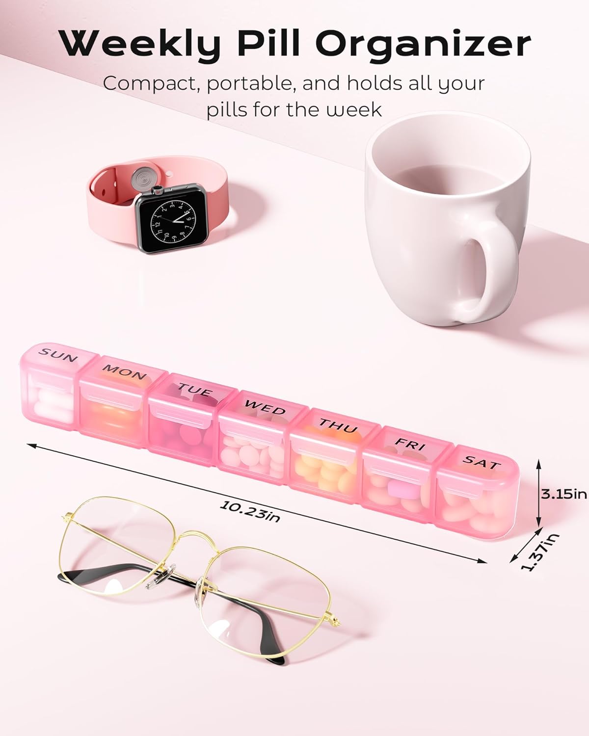 Weekly Pill Organizer, Large 7 Day Pill Box, Travel Pill Case, Daily Pill Dispenser for Vitamins, Medicines, Supplements, and Fish Oil(Pink)