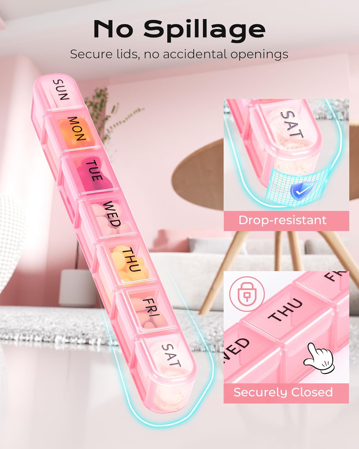 Weekly Pill Organizer, Large 7 Day Pill Box, Travel Pill Case, Daily Pill Dispenser for Vitamins, Medicines, Supplements, and Fish Oil(Pink)
