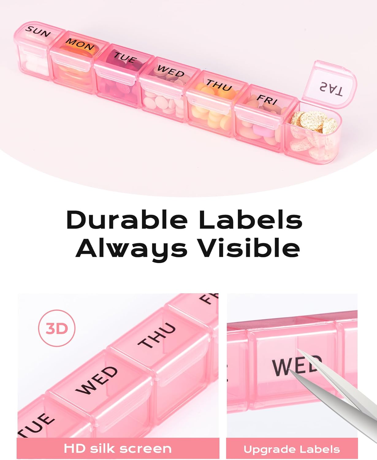 Weekly Pill Organizer, Large 7 Day Pill Box, Travel Pill Case, Daily Pill Dispenser for Vitamins, Medicines, Supplements, and Fish Oil(Pink)