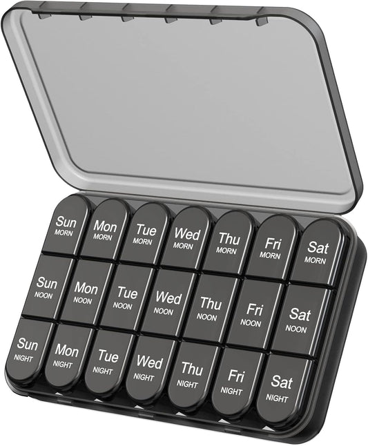 Weekly Pill Organizer 3 Times a Day, Medicine Pill Organizer Box, Pill Box 7 Day, Daily Pill Box Organizer, Travel Container Pill Cases Organizers 7 Day to Hold Vitamins and Medication (Black)