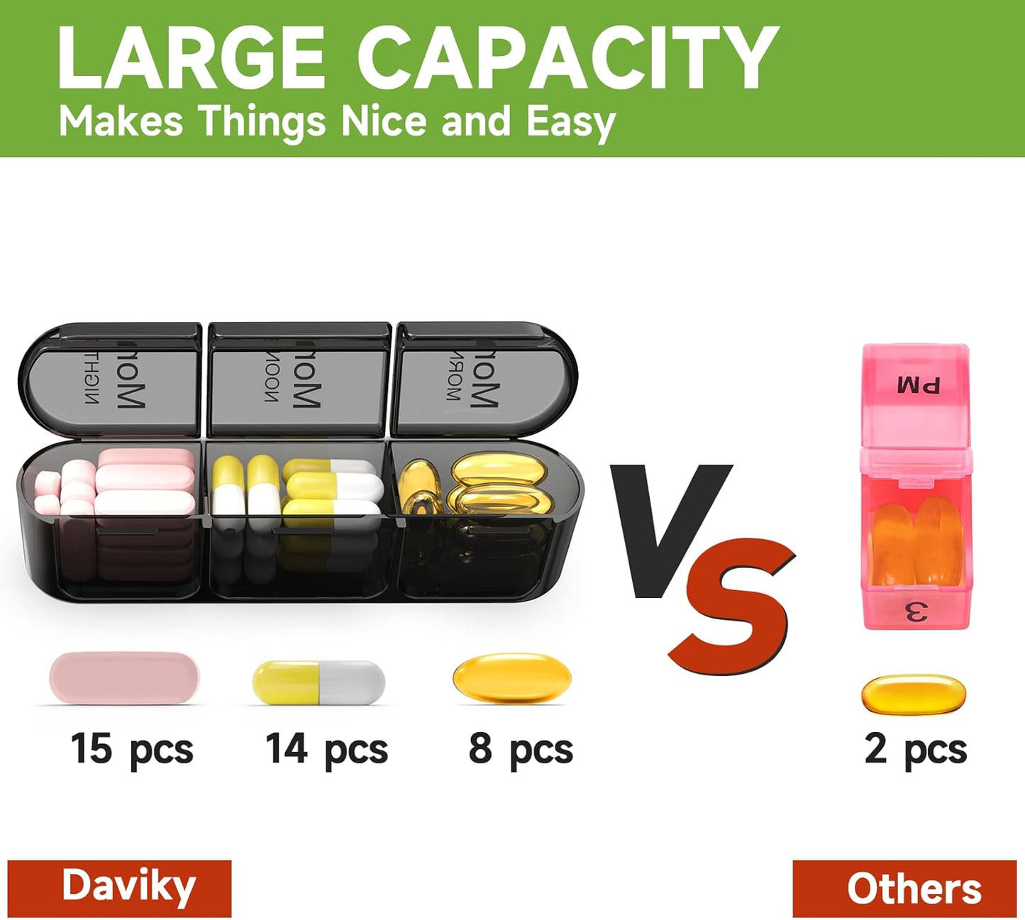 Weekly Pill Organizer 3 Times a Day, Medicine Pill Organizer Box, Pill Box 7 Day, Daily Pill Box Organizer, Travel Container Pill Cases Organizers 7 Day to Hold Vitamins and Medication (Black)