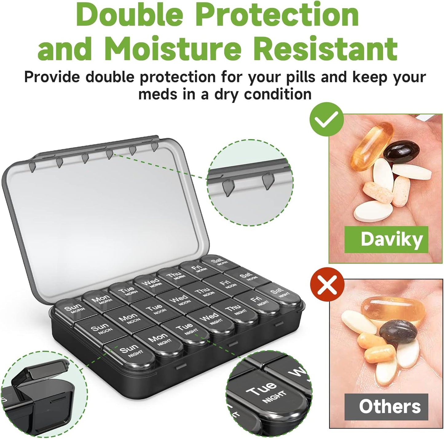 Weekly Pill Organizer 3 Times a Day, Medicine Pill Organizer Box, Pill Box 7 Day, Daily Pill Box Organizer, Travel Container Pill Cases Organizers 7 Day to Hold Vitamins and Medication (Black)