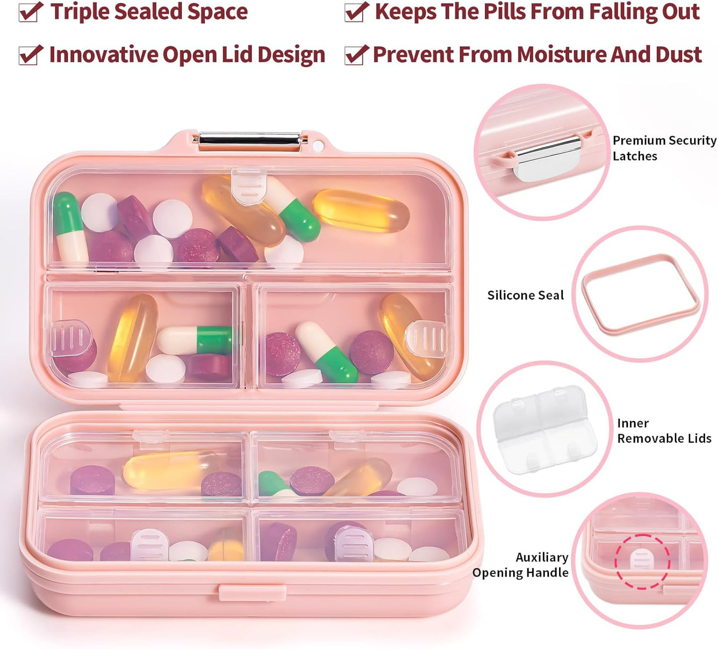 Travel Pill Organizer,Large 7-Compartment Pill Box for Vitamins & Medications, Compact Medicine Case for Pocket or Purse(Pink)