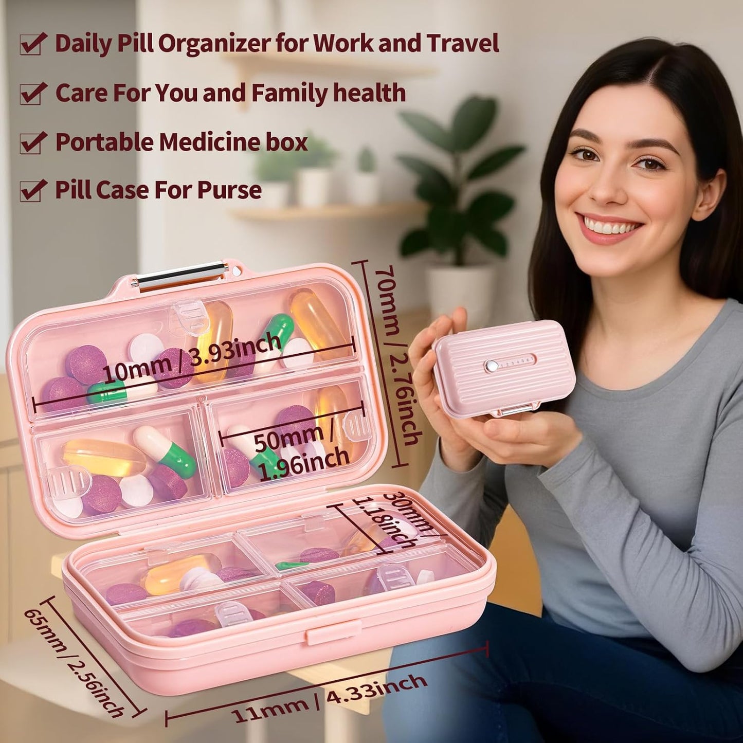 Travel Pill Organizer,Large 7-Compartment Pill Box for Vitamins & Medications, Compact Medicine Case for Pocket or Purse(Pink)