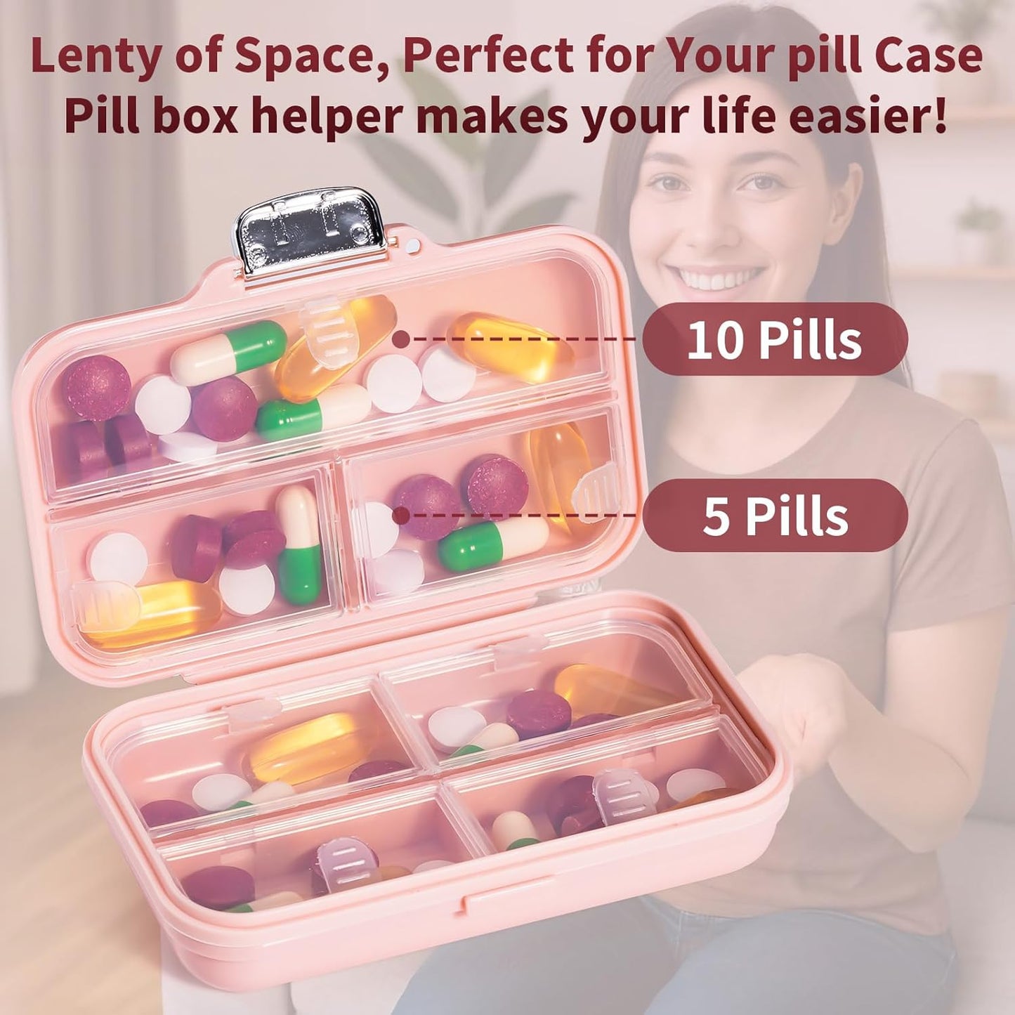 Travel Pill Organizer,Large 7-Compartment Pill Box for Vitamins & Medications, Compact Medicine Case for Pocket or Purse(Pink)