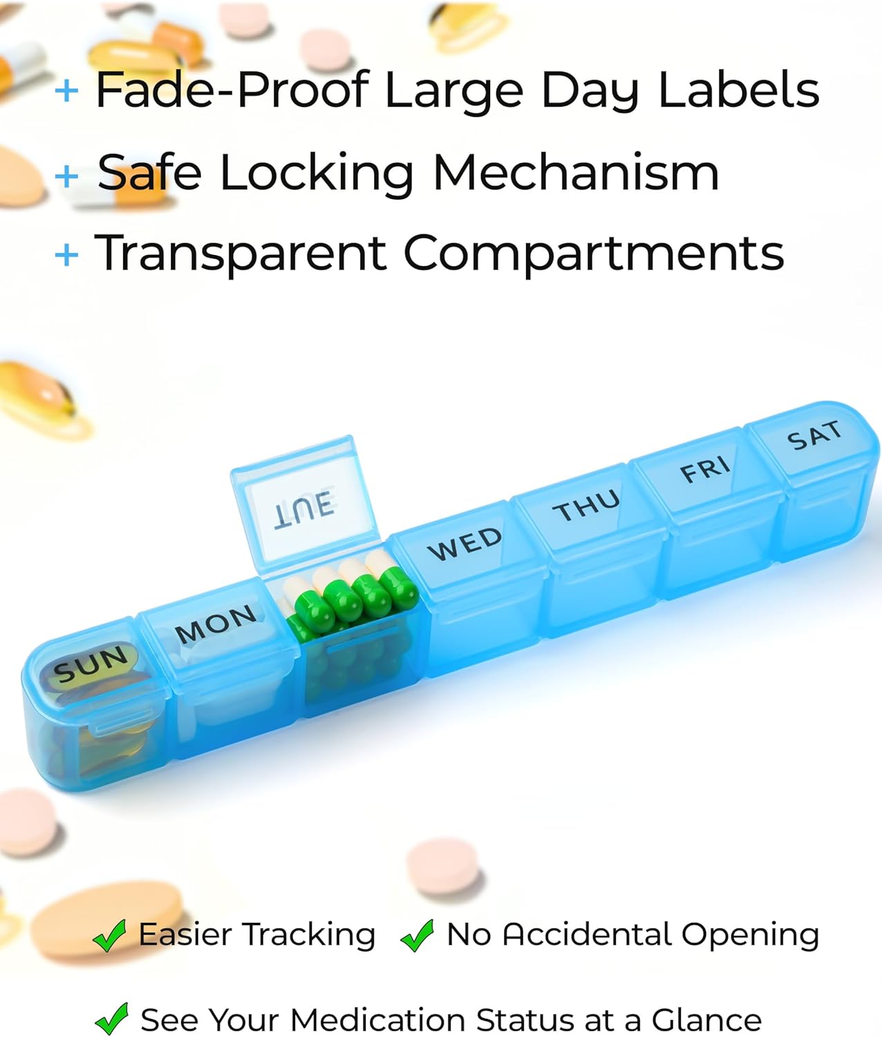 2 Pack Weekly Pill Organizer, Large 7 Day Pill Box, BPA-Free Travel Medicine Case, Easy Open & Secure Close, Portable Pill Holder for Vitamins, Supplements & Medications - Blue&Purple