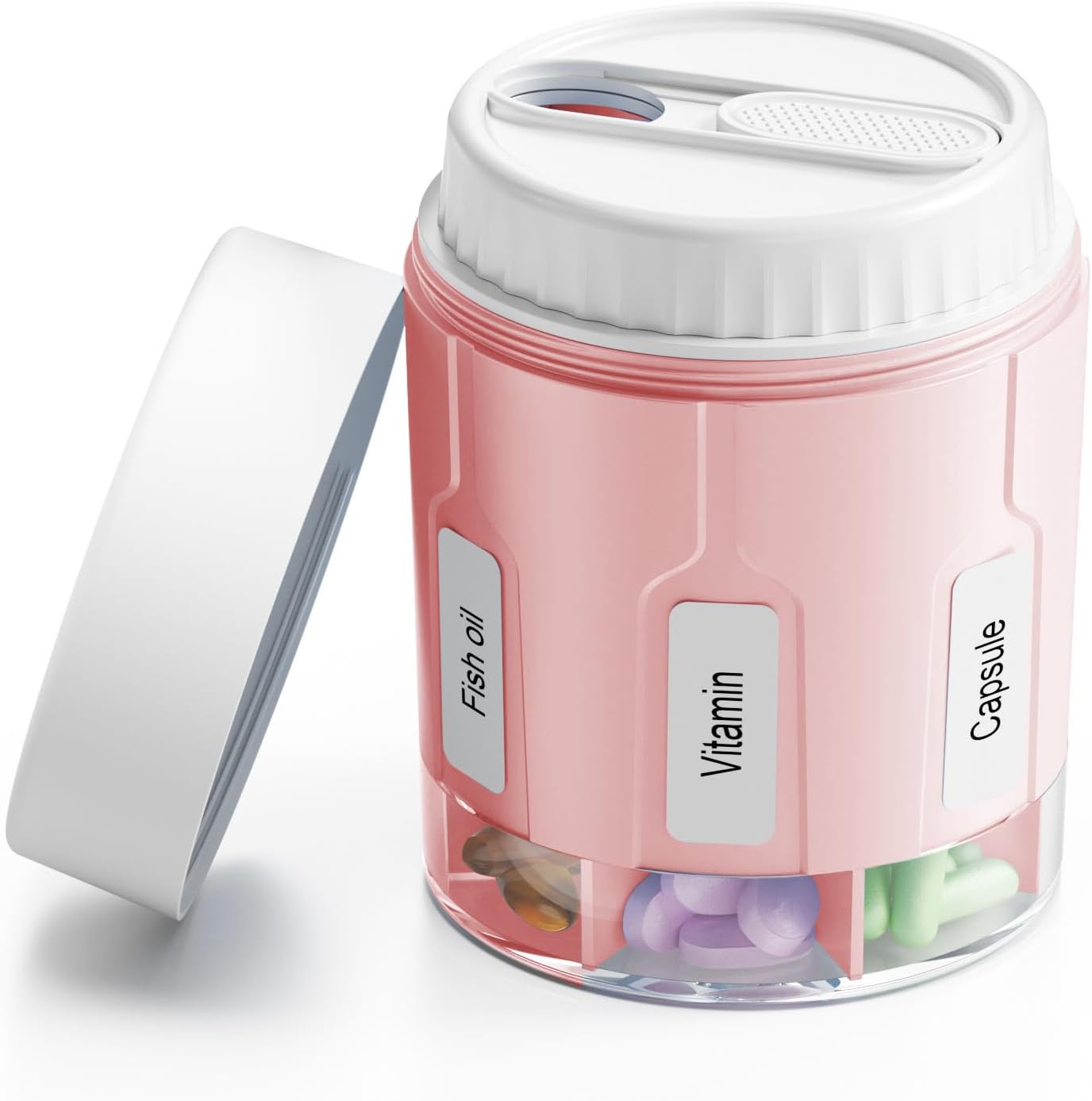 Pill Bottle Organizer, Supplement Organizer with 7 Large Compartments, Travel Pill Dispenser Round Pill Box with Two Lids（Pink+White）