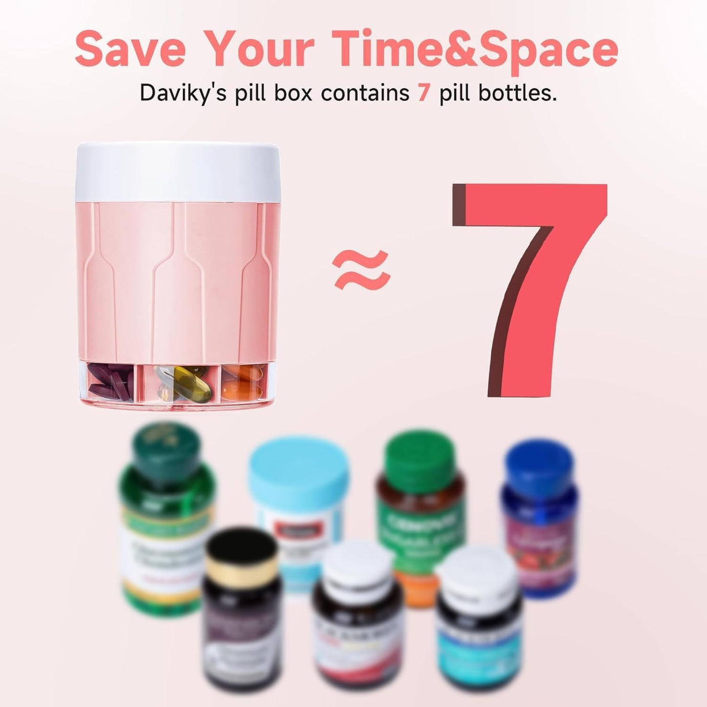 Pill Bottle Organizer, Supplement Organizer with 7 Large Compartments, Travel Pill Dispenser Round Pill Box with Two Lids（Pink+White）