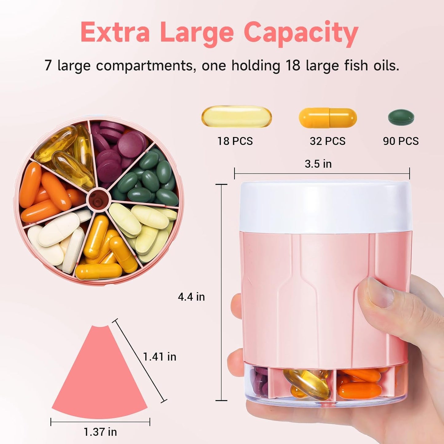 Pill Bottle Organizer, Supplement Organizer with 7 Large Compartments, Travel Pill Dispenser Round Pill Box with Two Lids（Pink+White）